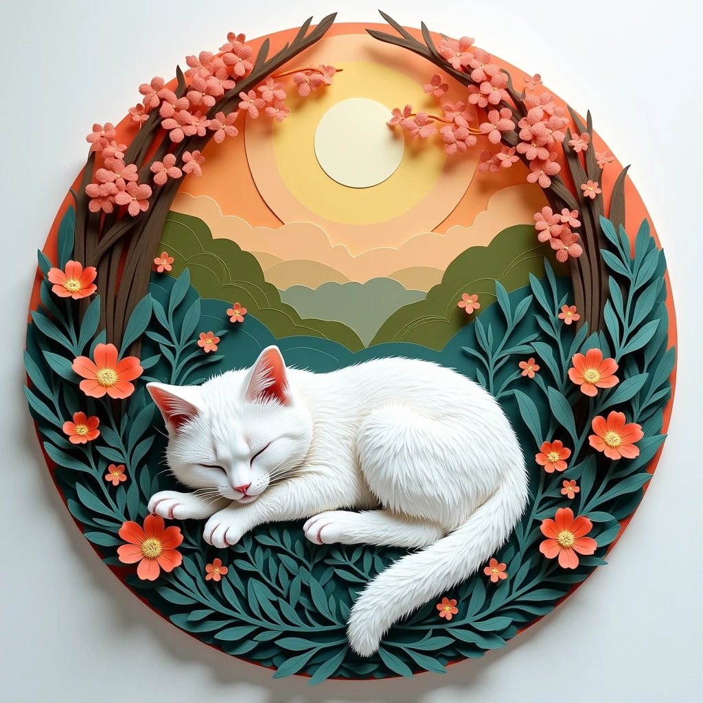  round relief ,  Fusion of paper cutting and shadow painting,  Colorful construction paper images , Colored paper collage ,  White cat sleeping in a circle , Paintings depicting beautiful natural scenery, Plants in the background, 2.5D,  Delicate and dynamic effects , Glitter Effect,  Fog filter effect , Artistic, Artistic photography,  surreal, CG digital art,  High Definition , 