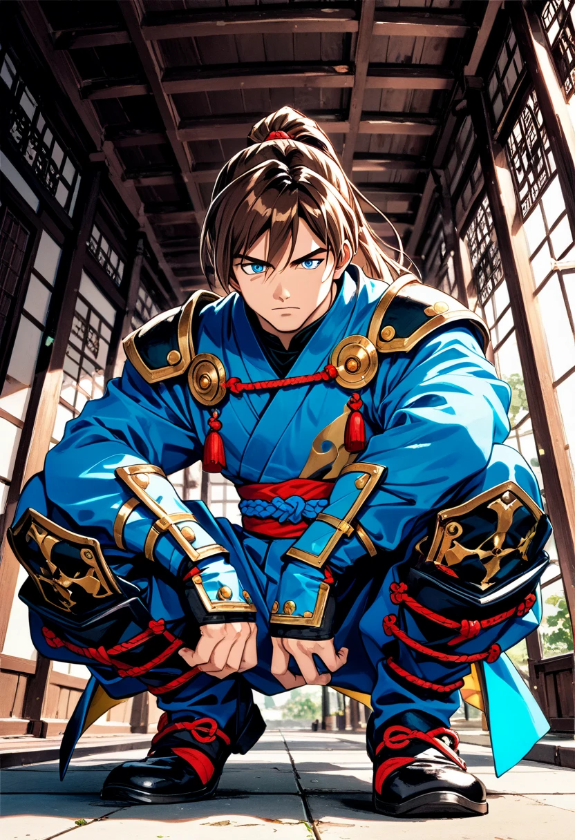 (score_9:0.7), score_7_up, source_anime,
1boy, male, tall, handsome, 
brown hair, high ponytail, bangs,
blue eyes, half-closed eyes, serious, 
squatting,  ninjya costume,

low-angle view, from below, looking down, full body, facing viewer, hip focus, facing up,
masterpiece, best quality, very aesthetic, absurdres, ultra detailed, 
detailed face, detailed eyes,