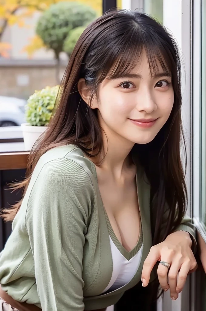 (masterpiece, best quality, perfect anatomy, highres, 8k, realistic, photorealistic, natural skin texture, no makeup:1.2), (morning:1.5), 1girl, solo, Japanese, age20, female university student, very cute, (large breasts:1.4), sitting by a café window on an autumn afternoon, holding a latte in one hand, resting her other hand lightly on the windowsill, Her devilish smile hints at the temptation for sex that follows, The sunlight streams through the window, highlighting her delicate features, She wears a stylish mini skirt and a beret, with her long hair gently cascading over her shoulders, Cozy and inviting café interior, soft autumn colors in the background, vertical composition, jp idol, inugao