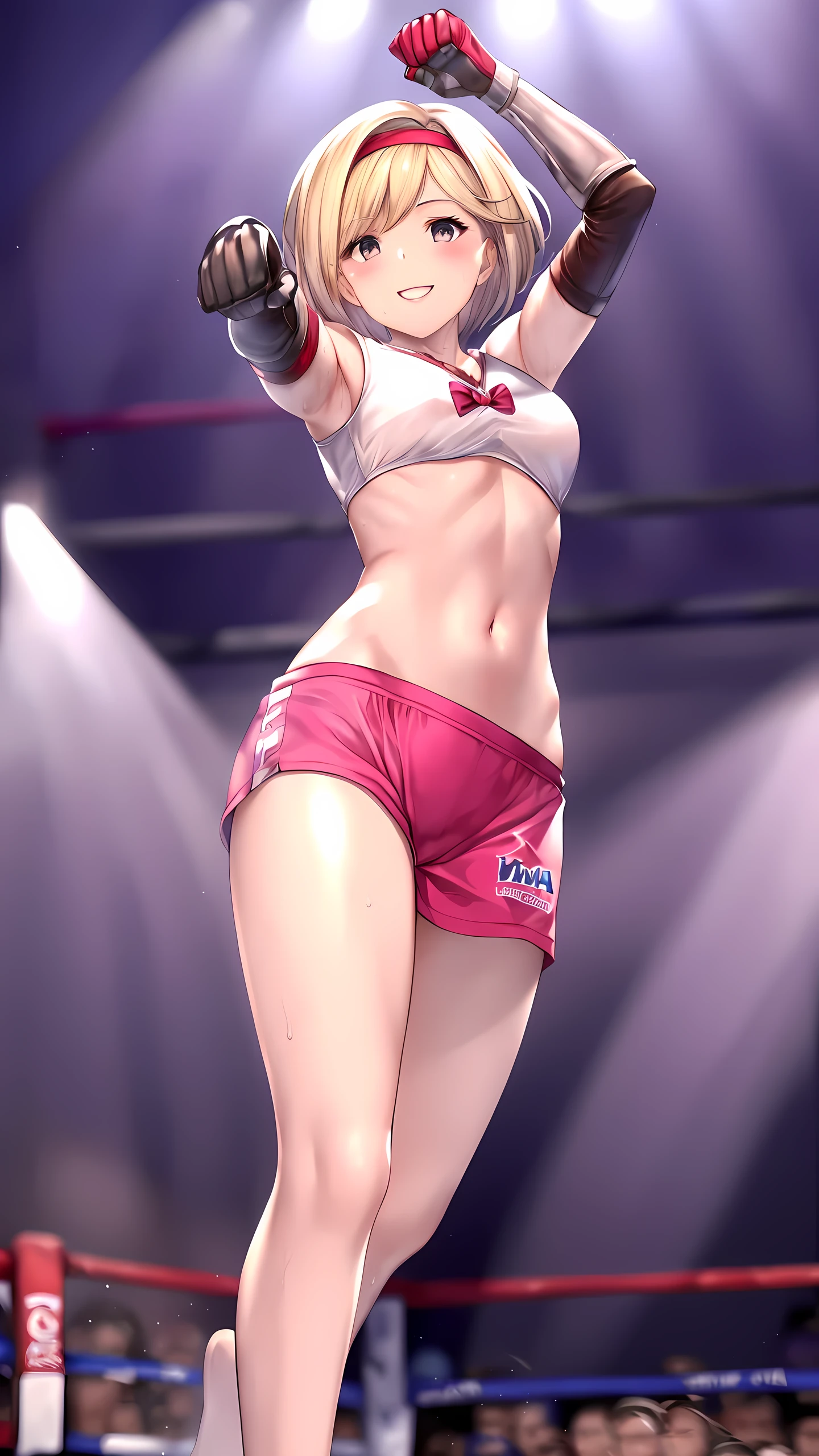 djeeta_(granblue_fantasy), 1girl, solo, Detailed eyes, (wearing mma costume:2, bare thigh, mma gloves, no sleeves), bare foot, (slim long legs:1.3), Perfect body, (on boxing ring :1.5), (happy smile:1.5), Toned body, Ultra HD, Detailed eyes, Detailed face, full body shot, looking at viewer, (from below:1.5, victory poses:1.5, arm up), sweaty,