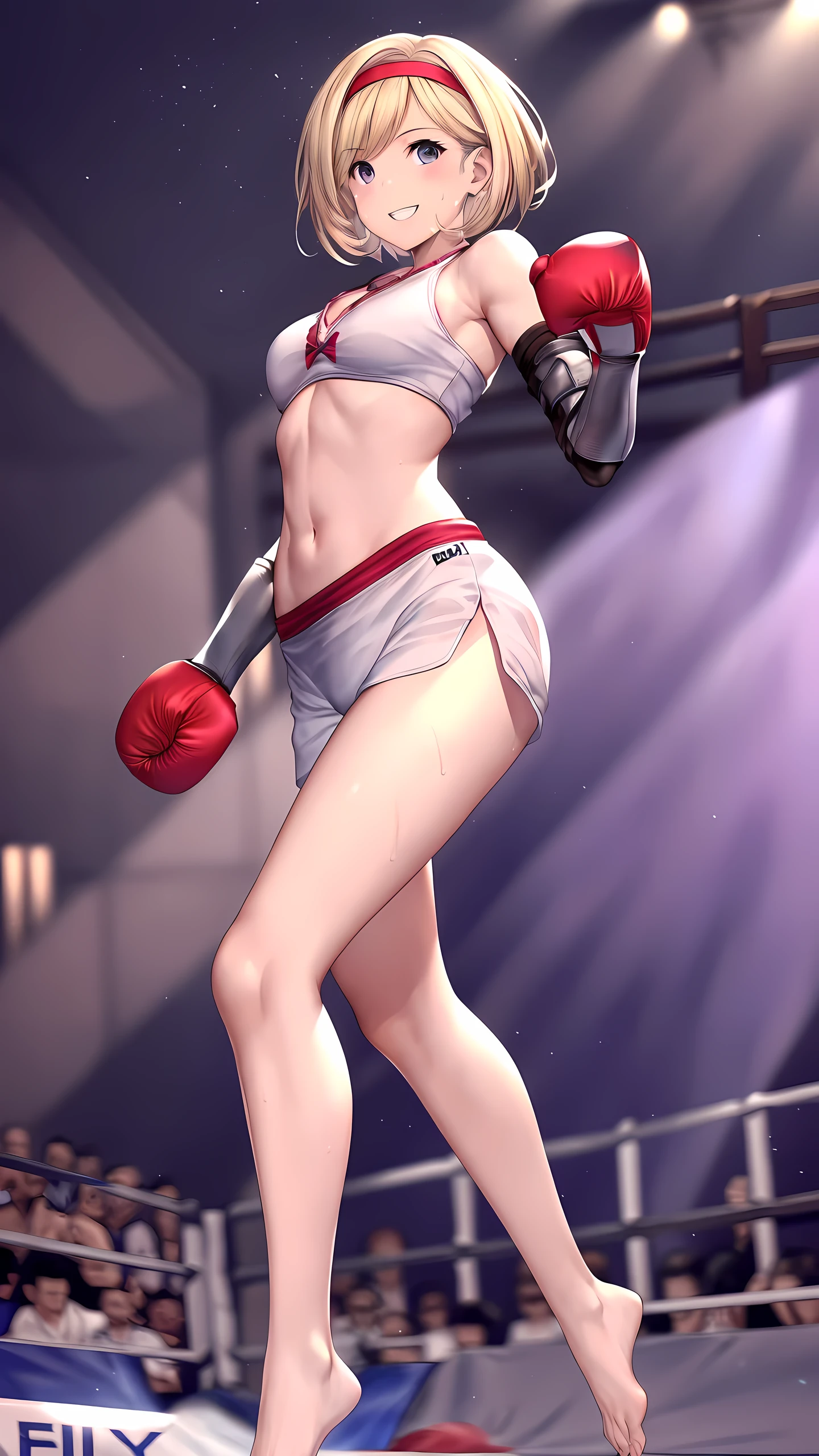 djeeta_(granblue_fantasy), 1girl, solo, Detailed eyes, (wearing mma costume:2, bare thigh, mma gloves, no sleeves), bare foot, (slim long legs:1.3), Perfect body, (on boxing ring :1.5), (happy smile:1.5), Toned body, Ultra HD, Detailed eyes, Detailed face, full body shot, looking at viewer, (from below:1.5, victory poses:1.5, arm up), sweaty,