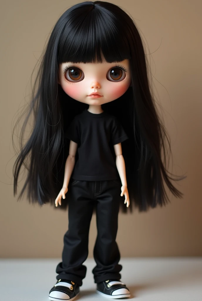 Create a blythe doll tall brown eyes chubby medium hair dark red color and bangs eyebrow piercing with a black shirt and black pants and booties
