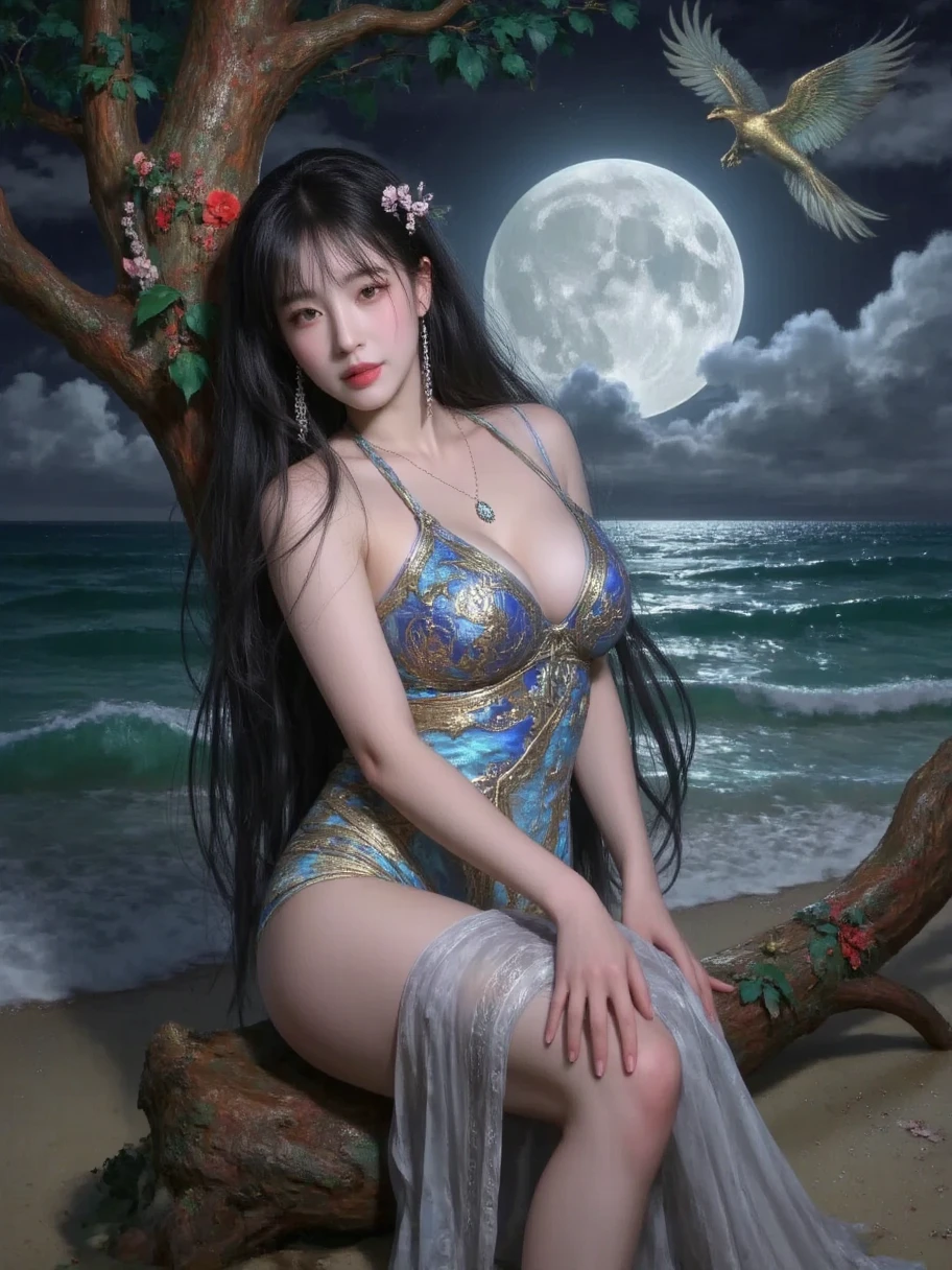 A masterpiece in 32K resolution,Highest quality,it is really amazing,Very detailed,Ultra-high resolution,(Ultra-realistic:1.5),(Realistic:1.5),Increased depth of field,Cinematic lighting, (Sexy Japanese Adult Women:1.2), Long black hair,Ultra-detailed and beautiful face,(Gentle expression:1.1),Translucent white skin,(Realistic skin texture:1.1), (Sexy Swimwear:1.1), Bold design,Artistic design,Beautiful and detailed pattern,Detailed fabric texture, Gorgeous necklace,Earrings, Coastline at night,(Giant Moon:1.1),(Dark clouds floating in the dark night sky:1.1), (Dramatic Angle:1.5)