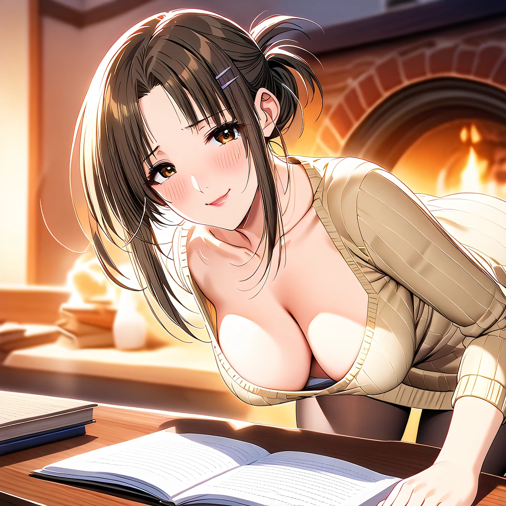 downblouse, breasts apart, extended downblouse, girl on top, shirt, bent  over,embarrassed smile,down blouse,akizuki sara, brown hair, folded ponytail, hair bun, hairclip, brown eyes, lips,wide hips,looking at viewer,fantasy,in  study room,fireplace,milf woman,30yo,ecstasy,extremely beautiful face,wide hips,black eyes,cream yellow sweater dress,busty breasts, panties under pantyhose,(curvy),(cleavage), 8K RAW,professional lighting,extremely beautiful legs and body,super fine illustration,best quality,8K wallpaper, ultra-detailed,HDR,warm lighting,