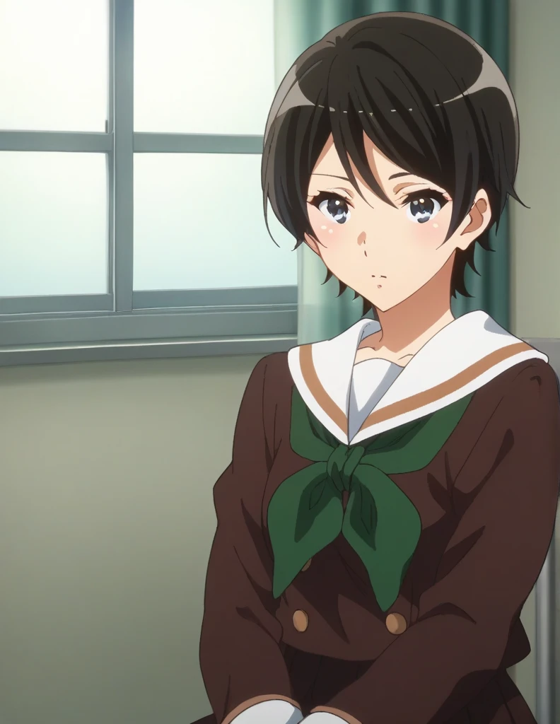 score_9, score_8_ up, score_7_ up, score_6_ up, score_5_ up,  Source_Anime, rating_safe, medium breasts, indoor, hospital,  One girl , Alone,  viewers, suzuki mirei ,  Shorthair, Eyebrow hair,  blue eyes,  school uniform, Sera Clothing, Brown uniform , White sailor collar,  green neckerchief,  Long Sleeve ,  white sleeve end ,  Brown Skirt ,  pleated skirt,  Black Knee High ,  loafers without pants, A little thick,judo player、judo、Inside the judo Gymnasium、On the tatami、discovery、whole body、rest、幼い頃judo家に育てられた. 