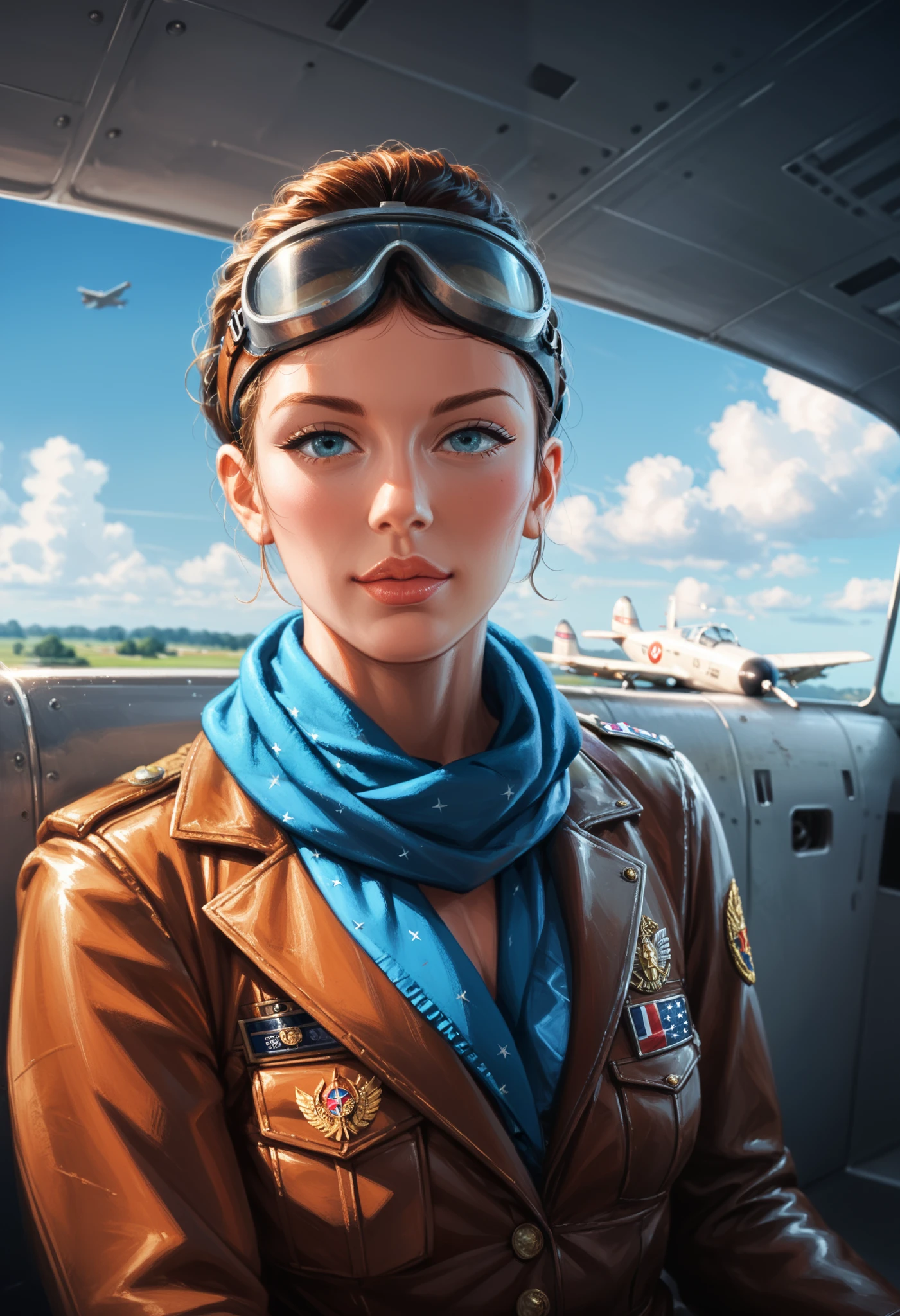 A hyper-detailed, full-body digital illustration in Cucoloris style featuring a black cat with a pilots helmet and goggles, sitting on the wing of a biplane,with realistic metallic texture. its black fur is smooth. Dressed in a world war 2 aviator outfit,A vibrant scarf tied around its neck adds an eye-catching pop of color. The pose is a realistic yet aesthetic sitting position, it body weight subtly balanced on the wing. Captured with a Canon EOS R5 using a 50mm f/1.2 lens, the shot is framed cinematically,The Cucoloris lighting effect creates intricate, dappled shadows across her figure and the metallic surface of the biplane, giving depth and dimension to the scene, inspired by urban futurism and contemporary fashion themes.drkfnts style, Frank Frazetta fantasy oil painting