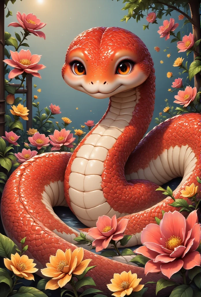 cute snake 
Snake poster,  uses flat, colorful styles and geometric patterns .  lines and shapes that are eye-catching , color matching is full of vitality ,This cartoon image incorporates traditional artistic elements, and the expression is vibrant ,red,