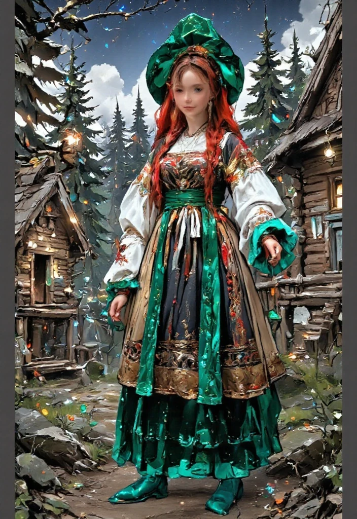 ( extremely detailed : 1.5), ИДЕАЛЬНЫЙ РЕНДЕР OCTANE UNREAL ENGINE5 GLOSSING GLOWING BLIKS глянцевая сцена,
 Adult girl,  in Russian national costume. Redhead with two thick braids .  Long ultra-smooth shiny hair, ribbons, bows, up to the hip,   facing the viewer , in half a turn,  (((smile))), (((русский sundress))),   Standing and looking at the camera .  knee-length,   long braid  ,   thick braid on shoulder  ,   braid with ribbon  ,  Kokoshnik , (((в зелёном славянском sundressе))),   Slavic national clothes ,  ((( Kokoshnik ))), sundress, Embroidery, monists ,   in an embroidered shirt .
the forest,  christmas trees , сосновые trees, Ale, thickets, flowers, branches , Baba Yaga, (((Slavic fantasy))), (((Bilibin ))) в стиле Bilibin а.   Wooden architecture .
  Many elements and details . 
Terrain:
Spruce forest,  christmas trees , thickets, Ale, fly agarics , twilight, ( wandering lights1  .5), the forest, the forestная поляна, stones, Bushes, flowers, branches , leaves, (trees1 .5), grass, Mushrooms, Shine, magic,  Particles of light, ((( fireflies1  .5))), Shimmering,   on the horizon moon , clouds,  starry sky on socks , Mountains, the forest, trees, Hut.
(((  Detailed background1 .5))) ( top quality , 8 k,  high resolution,  masterpiece fails:1.2),  ultradetailed , ( realistic, photo realistic, photo,  realistic:1.37), HDR,  studio lighting ,  sharp focus ,  physical-based visualization,  extremely detailed description ,  professional, bright colors, hips, perfect pose,  perfect anatomy, perfect hands.  PERFECT HAIR WITH SILK SHEEN  