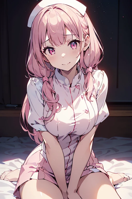 Highest quality, pretty girl, pastel colour, Fluffy bunny ears, Pink twin tails,Pale pink eyes,nurse,Age 25