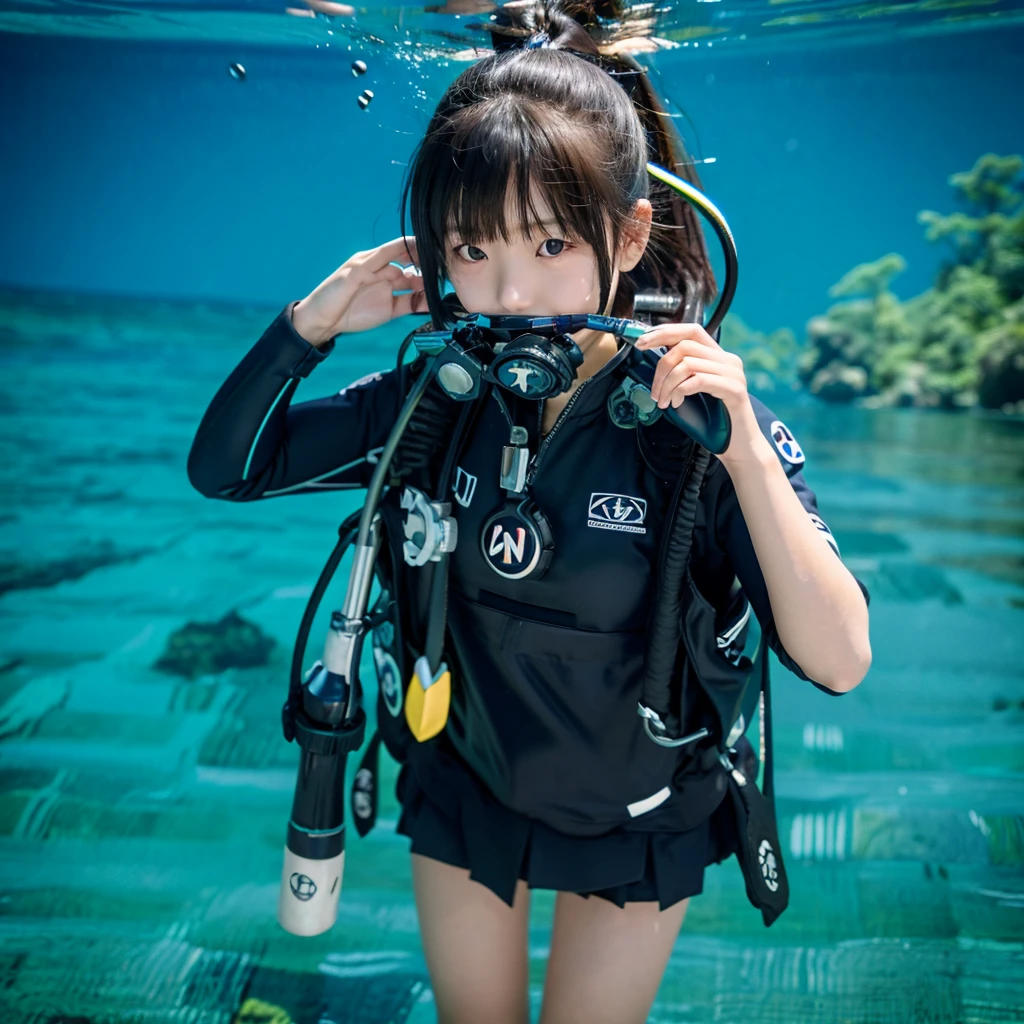 Japanese ********************** holding a regulator mouthpiece while practicing scuba breathing underwater in a diving pool without wearing a mask