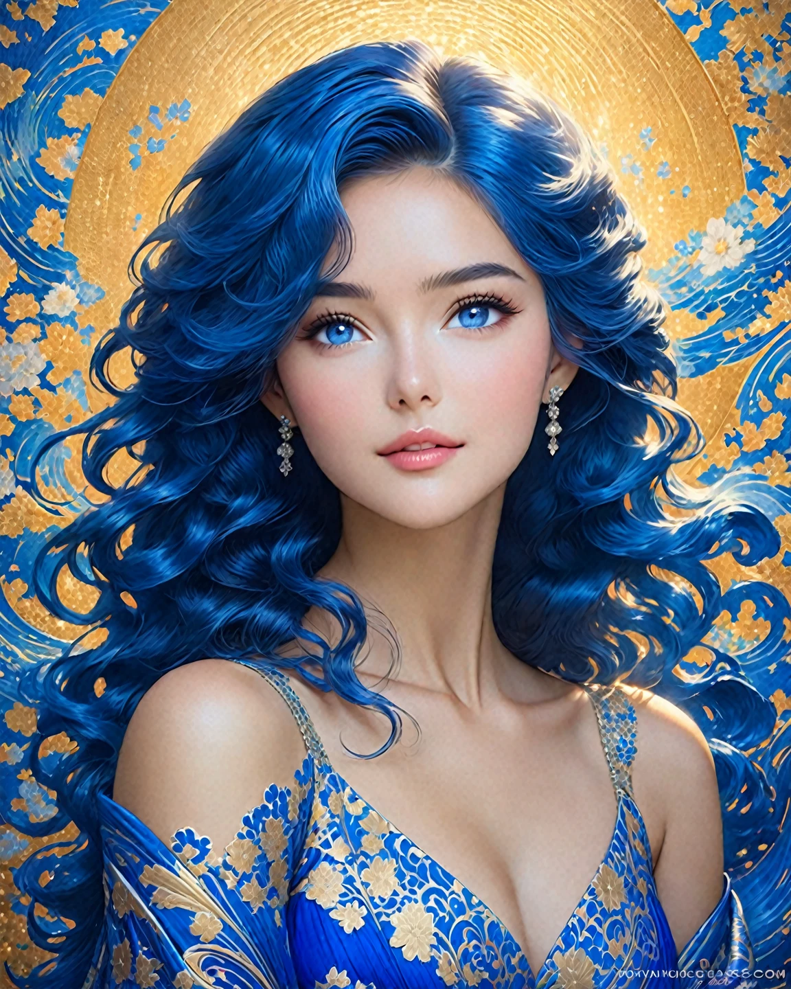 "A beautiful and radiant young woman , with long waves of blue hair shining with light . Her dress,  adorned with complex and elegant patterns in cobalt blue, highlights her figure with grace,  while her bearing reflects confidence and sophistication . his eyes, full of life,  complement the harmony of her appearance ,  creating a truly captivating image ."