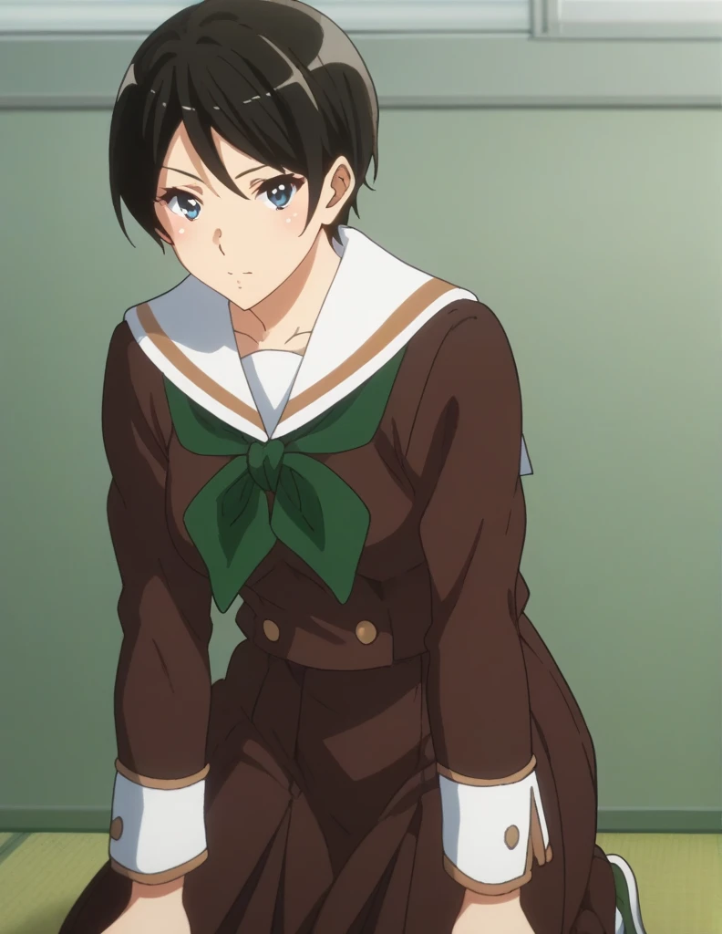 score_9, score_8_ up, score_7_ up, score_6_ up, score_5_ up,  Source_Anime, rating_safe, medium breasts, indoor, hospital,  One girl , Alone,  viewers, suzuki mirei ,  Shorthair, Eyebrow hair,  blue eyes,  school uniform, Sera Clothing, Brown uniform , White sailor collar,  green neckerchief,  Long Sleeve ,  white sleeve end ,  Brown Skirt ,  pleated skirt,  Black Knee High ,  loafers without pants, A little thick,judo player、judo、Inside the judo Gymnasium、On the tatami、discovery、whole body、rest、幼い頃judo家に育てられた. 