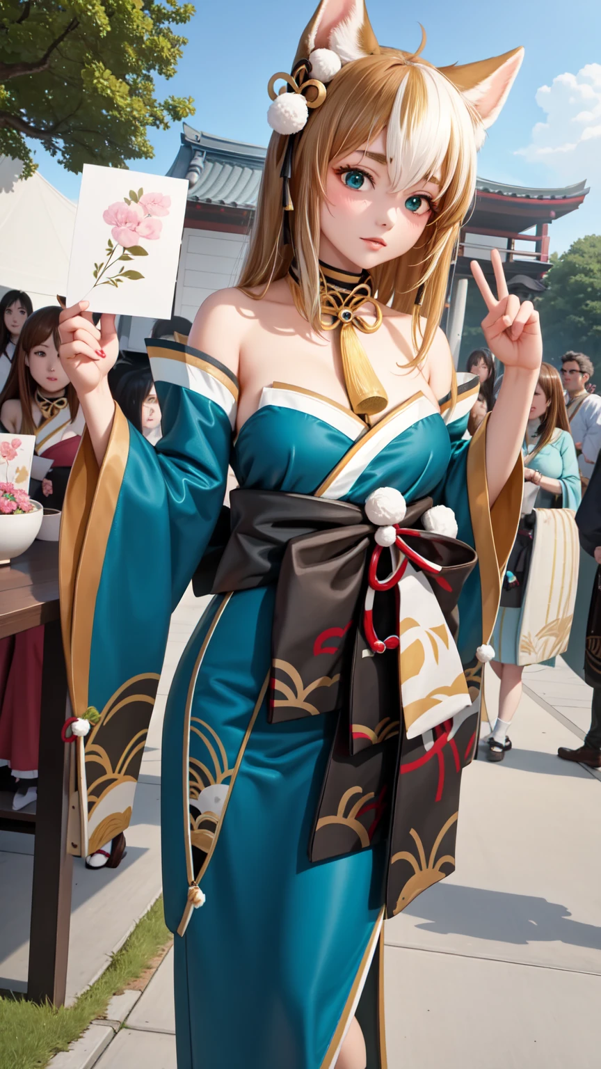  Meisterwerk ,  better quality,  good quality , upper body, out,  Spectators watch,  a girl, sign of peace, hina-fi , zweifarbiges Haar ,  Japanese clothing , Green Kimono, cola,  bare shoulders,