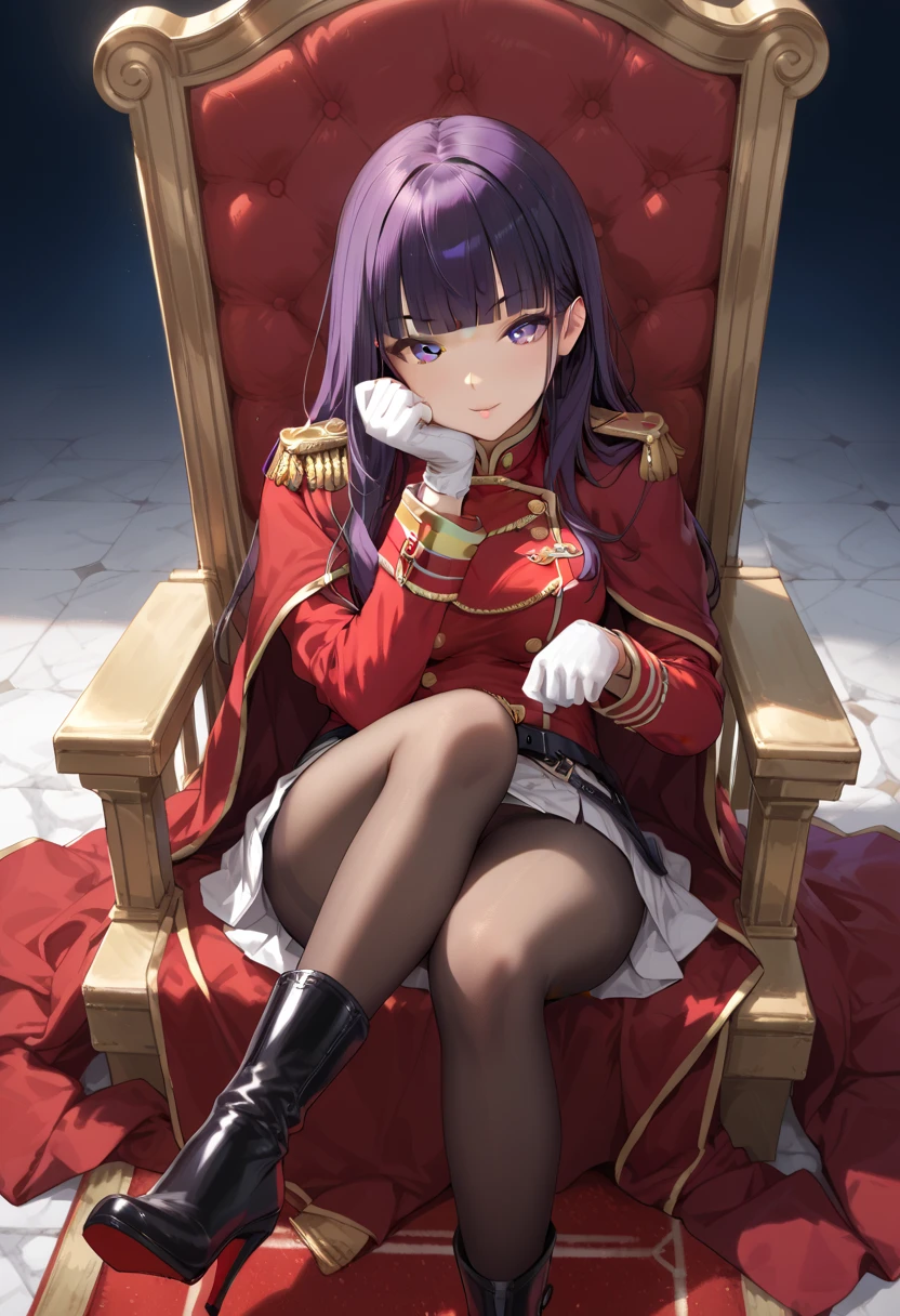  score_9,  score_8_above,  score_7_above,   source  _animated, qualification_explicit,BREAK
1 girl , Alone,  long hair,  black hair,  purple hair, purple eyes, blunt bangs,  military uniform ,  long sleeves,  white gloves , red cape,  belt, epaulettes, paw pose,  black pantyhose, high heel boots, Looking at the spectator ,  Expressive,  crossed legs,  session, armrest,  leaning to one side, throne, red carpet,