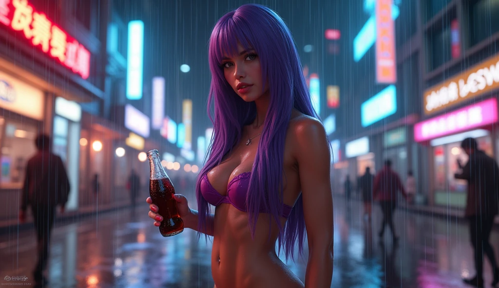 Highly detailed 4k realistic photo ((whole body, including legs)) of the beautiful 18-year-old turquoise-haired Anglo-Saxon girl with sweaty turquoise hair with ((pointed jaw)) and perky breasts, in wet underwear with a wet and transparent bra with a deep neckline, evening, beautifully drawn hands, (cyberpunk: 1.2), neon lights, ramen shot, neon signs