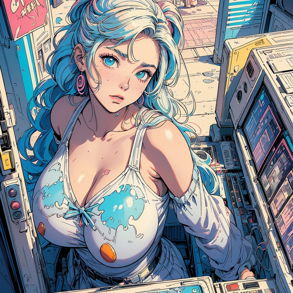 nurse outfit, large breast, big breast, cleavage, short green hair, blue eyes