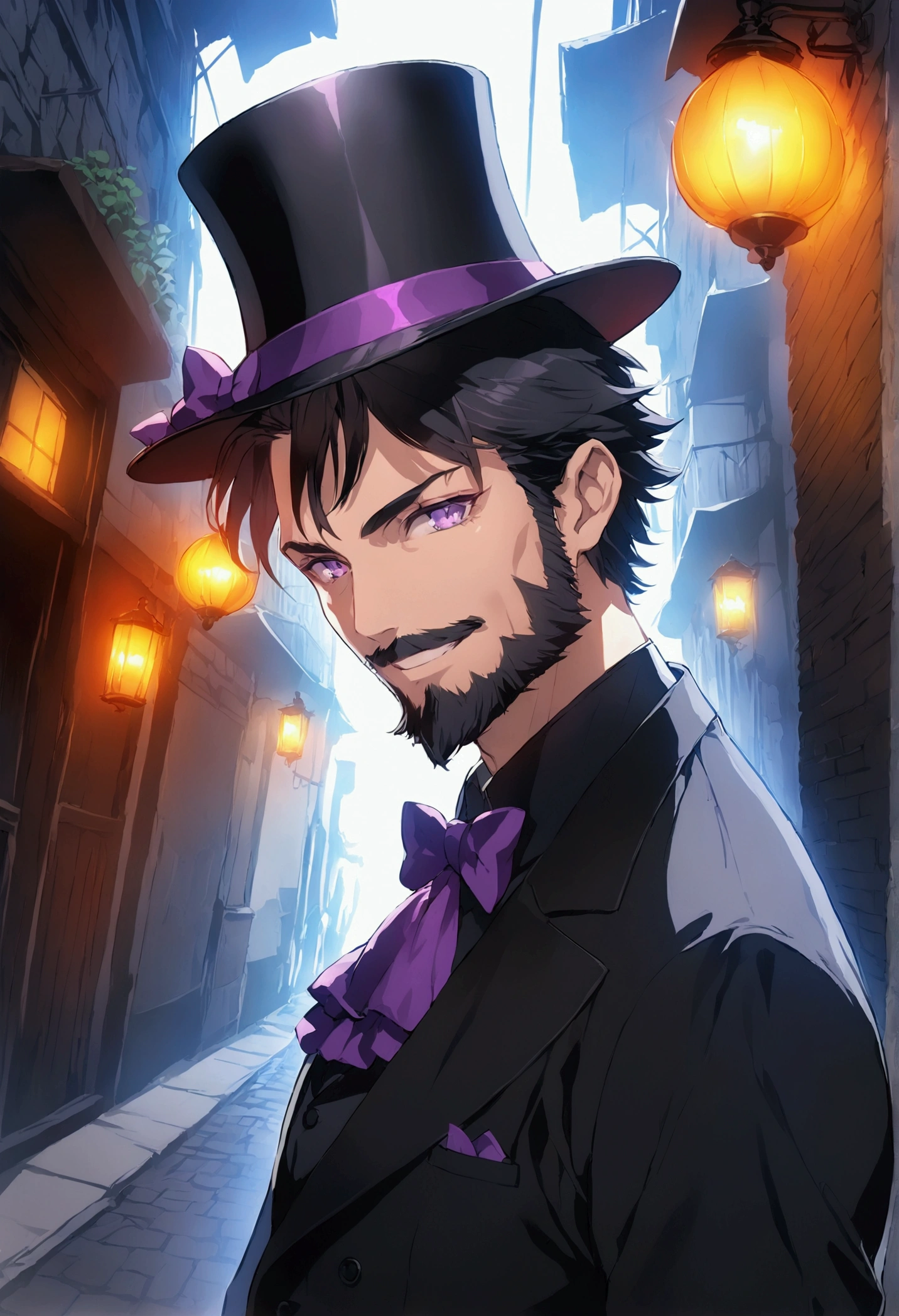 Dark alleyway, man dressed nicely and wearing a black top hat, black hair and purple eyes, looking 40 years, smiling menacing, beard, best quality, anime artwork, anime style vibrant, studio anime, highly detailed, black background 