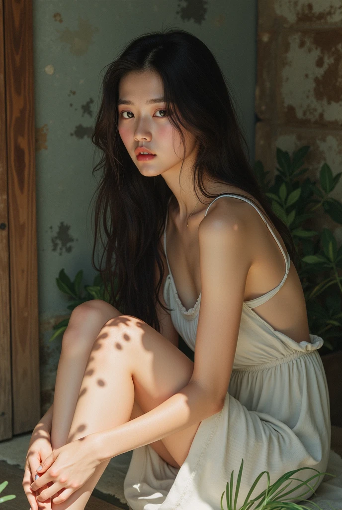 A beautiful korean girl sleeping on the flor outside, on dirt, realistic, full body, legs visible, hurt her legs