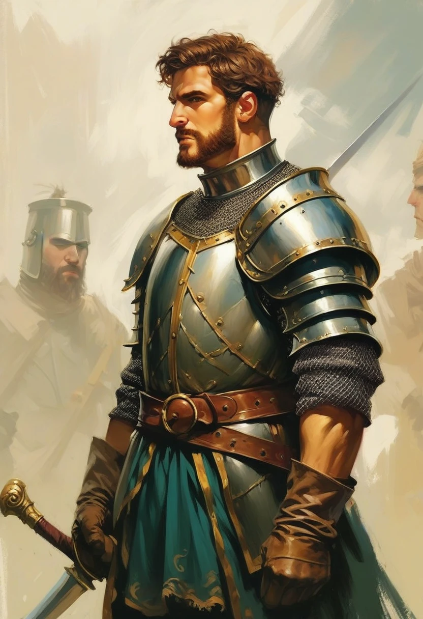 score_9, score_8_up, a man standing with his sword, wearing a jaquet , mysterious , realistic, knight, light brown skin, raspy beard, short hair, brown hair, gloves