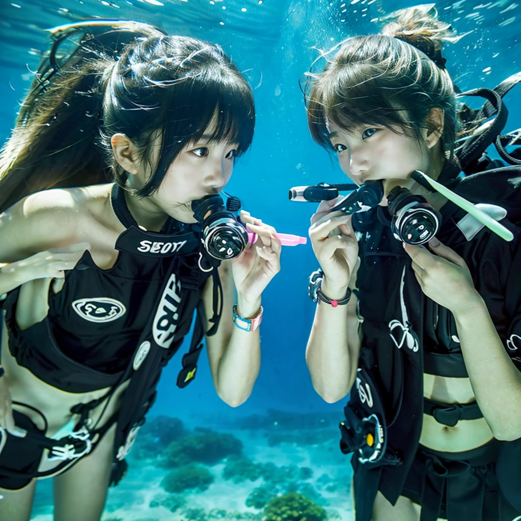 Two Japanese elementary school girls holding a regulator mouthpiece while practicing scuba breathing underwater in a diving pool without wearing a mask