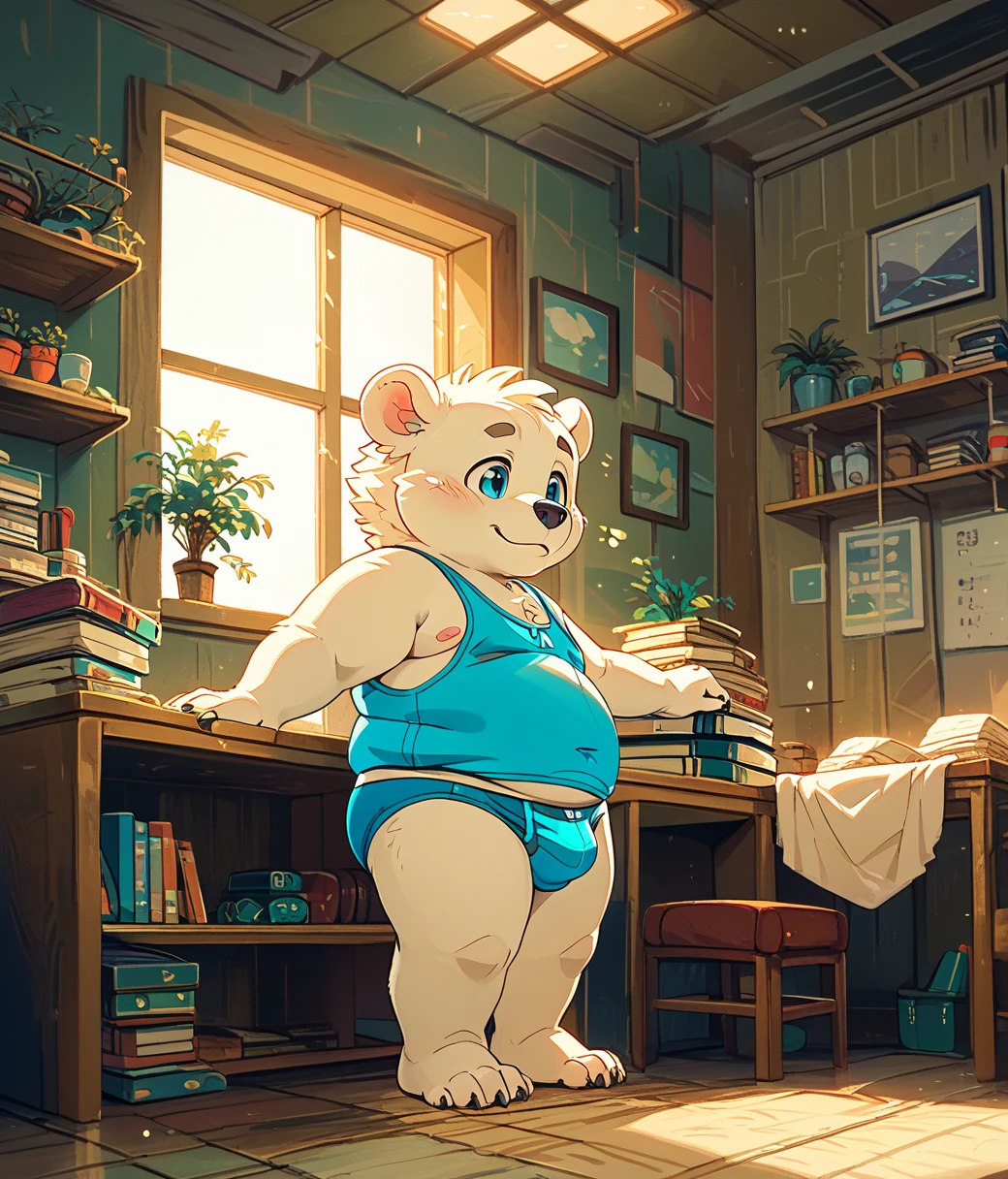 (cute, fat, obese, anthro, male, polar bear cub), shortstack, nude, ((cyan tank top, cyan briefs)), room, window, book shelf, table, sunlight, ambient lighting, full of effects, centered, dynamic, side view, hires textures, highly detailed, intricate details, best quality, masterpiece, zPDXL3