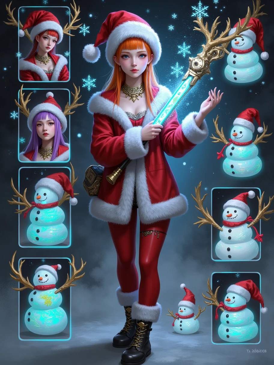 A photorealistic character sheet in a 9x9 grid layout featuring a single consistent character,  Cyberpunk style fatal girl wearing a Christmas costume ,  Each pocket shows a different aspect of her design ,  include a close-up of her eye-catching features ,  such as neon orange or purple hair and sharp eyes with festive cyber implants ,  These implants glow in the dark , Showcasing changes in her costume ,  snowflake patterns that emphasize a smooth Santa costume ,  High-tech accessories such as a magic wand with glowing runes , And avant-garde shoes with bell buckles ,  Add elements such as reindeer and snowflakes and circuits that glow on her skin,  These circuits look like Christmas symbols ,  background should be A dark futuristic cityscape on a Christmas night ,  with neon lights in the shape of a Christmas tree and snowman ,  accentuating the character's bold and mysterious personality 