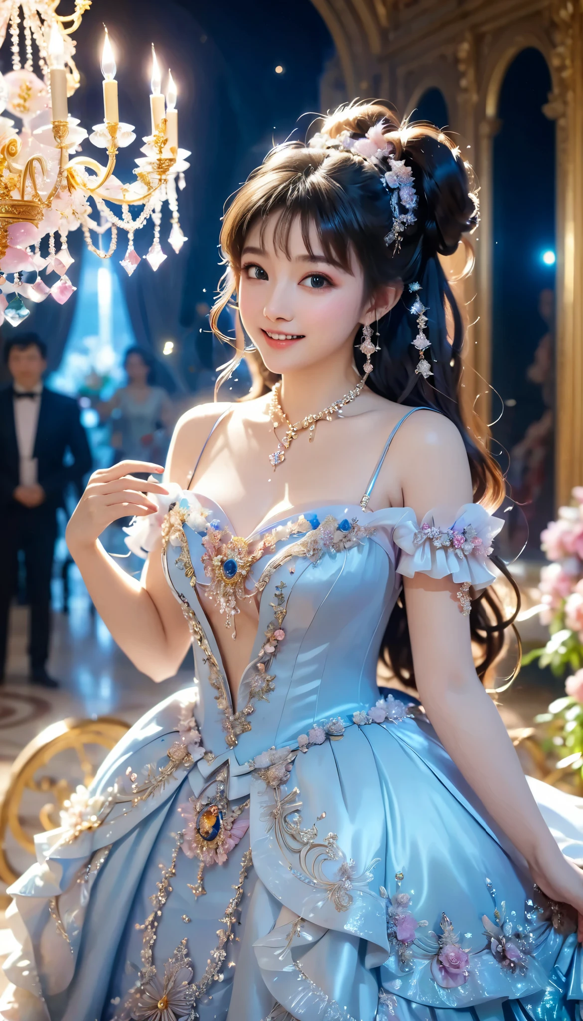 Dramatic composition, Court dress, Royal, nice, Cascading Ruffles, Raffle, bow, Crystal Chandelier , Swirl Hairstyles, Place, drill-like double ponytail , camera , bangs, Maximalism , Palace-like background, Delicate depiction of hair and eyes, Princess Dress , nice skirts, Flowers in hands, smile, Starry Eyes, Cinematic Light, Extremely detailed, High Definition , happy girl , long hair, diamond with s, broken diamond with s, Crystal Fragment, Particles of light