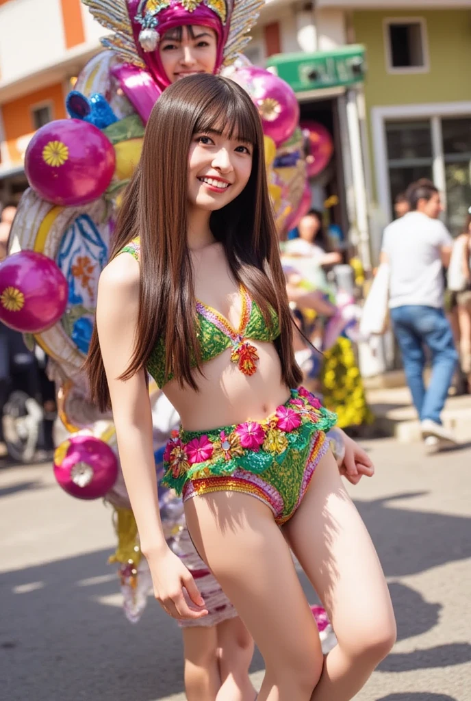 (best quality:1.2), masterpiece, Realistic, Ultra-high resolution, ((a beautiful Japanese idol 12 years old woman:1.2)), (Gaunt:1.3), (((Very flat chest:1.4))), ((Baby Face)), (show me your armpit:1.2), (sweaty armpit:1.3), ((Armpits are wet and shiny with sweat)), She has skin that sweats easily Soaking wet, Sweaty, I can see my pores, (topless:1.2), (wearing samba costumes:1.2), (dancing parade:1.3), (energetic music:1.2), (confetti-filled streets, lively atmosphere:1.2), (decorative floats:1.1), (bustling market stalls:1.2), (delicious street food:1.1)