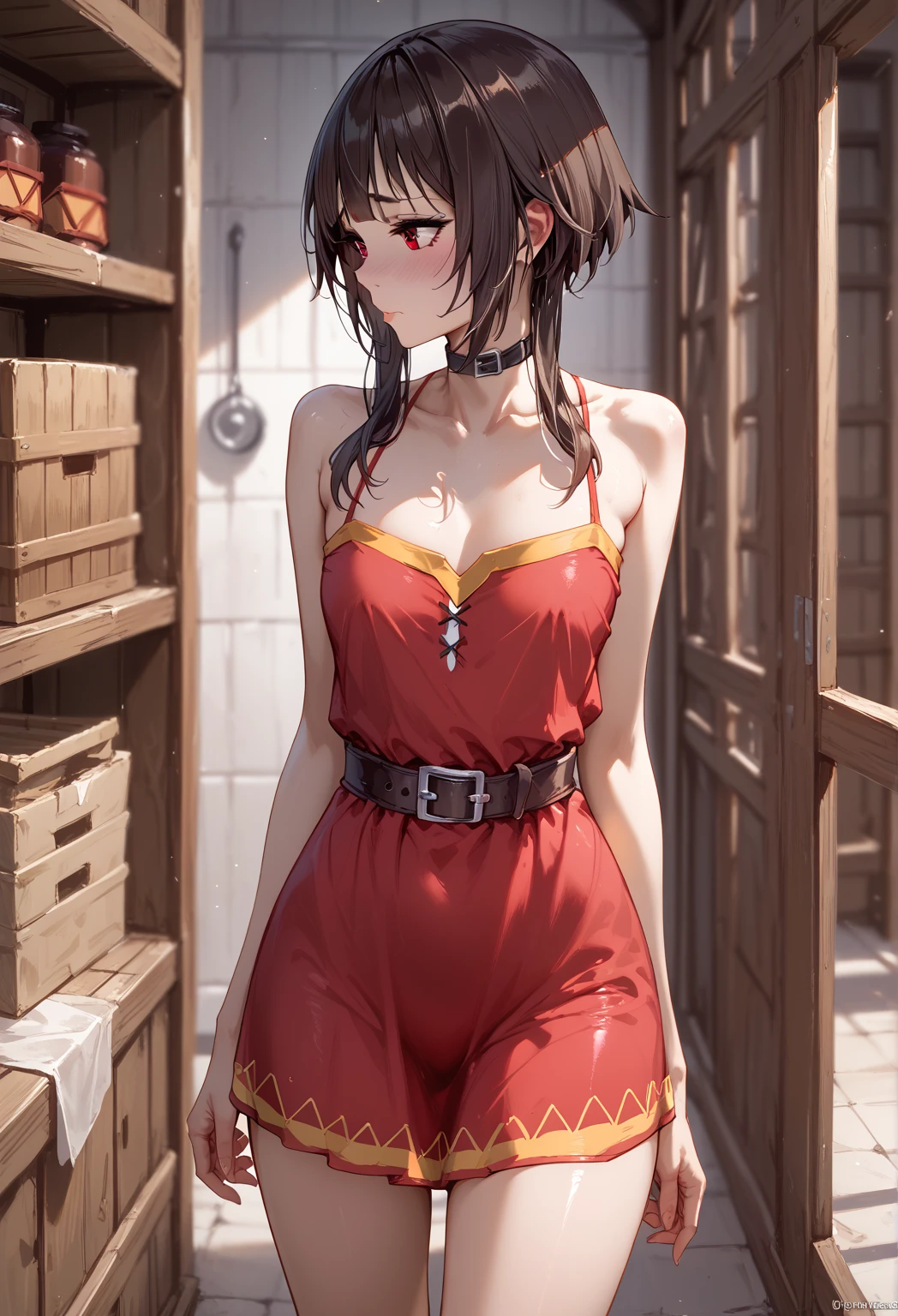 Megumin, sexy,  small , Look Away、  Embarrassing  、 red face, black underwear、warehouse shed  、The red dress that is about to be taken off、 soft