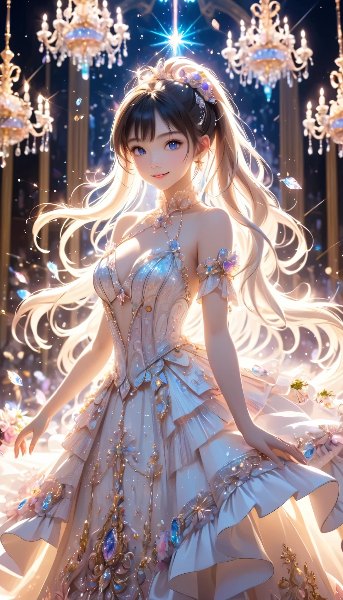 Dramatic composition, Court dress, Royal, nice, Cascading Ruffles, Raffle, bow, Crystal Chandelier , Swirl Hairstyles, Place, drill-like double ponytail , camera , bangs, Maximalism , Palace-like background, Delicate depiction of hair and eyes, Princess Dress , nice skirts, Flowers in hands, smile, Starry Eyes, Cinematic Light, Extremely detailed, High Definition , happy girl , long hair, diamond with s, broken diamond with s, Crystal Fragment, Particles of light