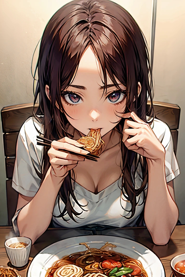 ((best quality)), ((masterpiece)), (detailed), perfect face, brown skin anime girl in a deep V Neck crossover spaghetti strap wrap top, (jeans trousers), famished in hunger, (gently resting hands on stomach), (long hair), (hands on her stomach)
