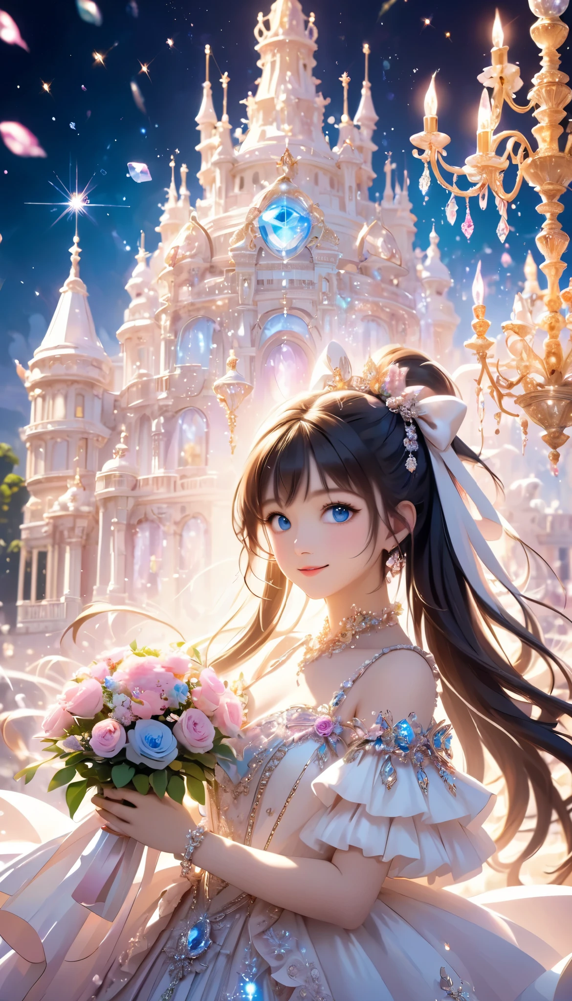 Dramatic composition, Court dress, Royal, nice, Cascading Ruffles, Raffle, bow, Crystal Chandelier , Swirl Hairstyles, Place, drill-like double ponytail , camera , bangs, Maximalism , Palace-like background, Delicate depiction of hair and eyes, Princess Dress , nice skirts, Flowers in hands, smile, Starry Eyes, Cinematic Light, Extremely detailed, High Definition , happy girl , long hair, diamond with s, broken diamond with s, Crystal Fragment, Particles of light