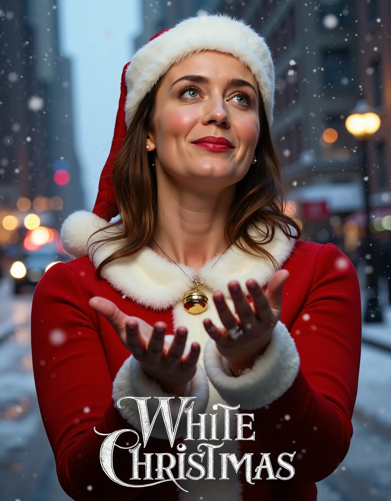 Writing decoration silver and black Italic letter, "White Christmas", writing bottom screen, Front view, soft focus, Cinematic lighting X mas gold western bell small neck less, Look up at the sky, face close up ,open hands, 1 female , name is Emily Blunt, (brown middle hair, brown eye ,smile), Santa Claus costume, Santa hat and shoes, fall many snow, White Christmas, in New York , night, (masterpiece, highest quality, High resolution, Photo realistic, sharp, RAW Photos, wallpaper, perfection, Professional Lighting, Very detailed)