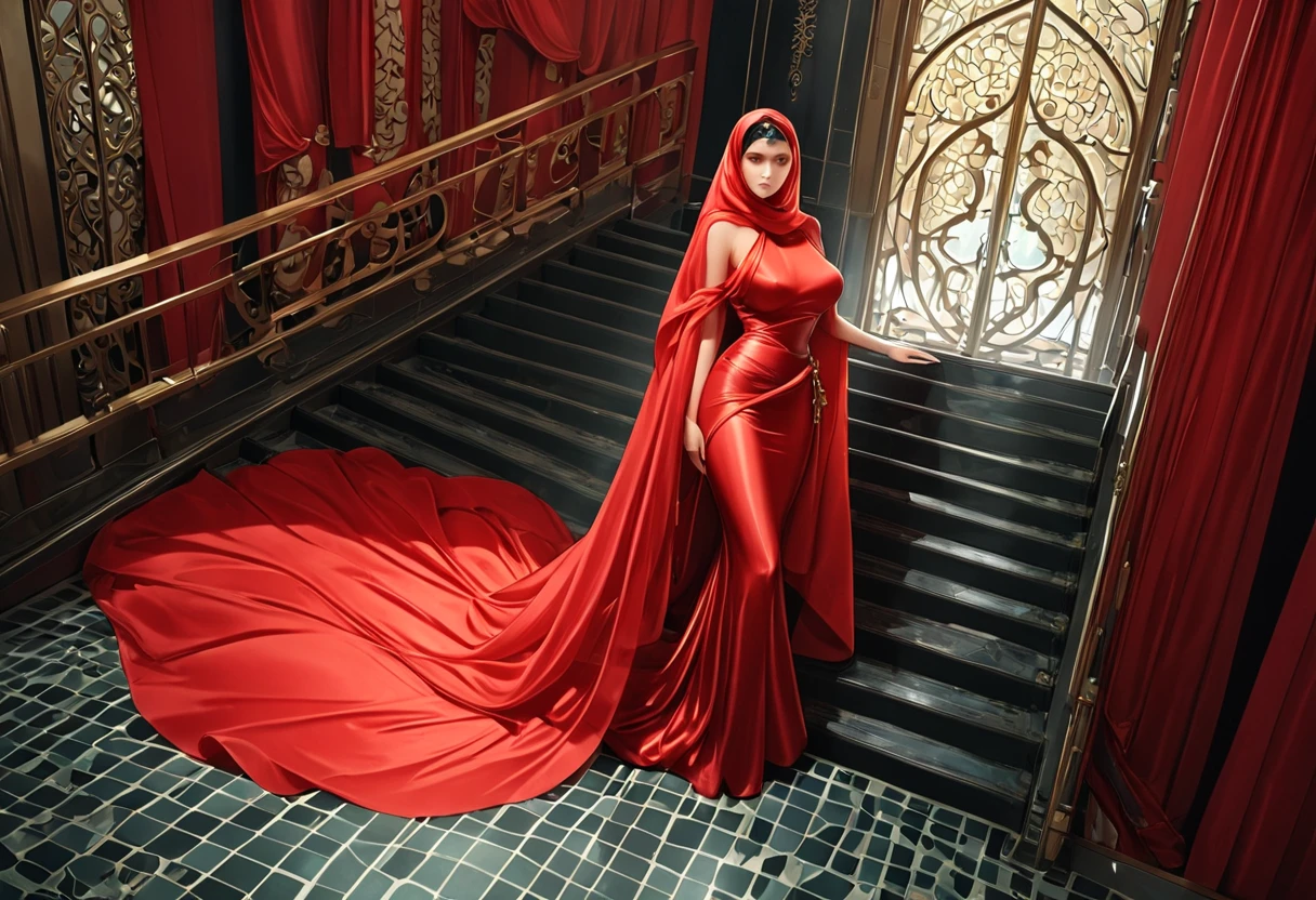 A woman shrouded in a 10-meter-long, plush semi transparent red satin cloth, slim body with big breast, tightly bound and grandly draping along the form of her body, flowing off into a pooled floor-length train, styled in a mermaid-inspired outfit with tight pencil skirt with long sweep train, tight in hip to angkle outfit,her head modestly veiled in a silk satin hijab, tall woman, tight outfit in hip,walk in stair, a full-body pose conveying a sense of mysterious elegance, captured in a 4k resolution, ultra-realistic