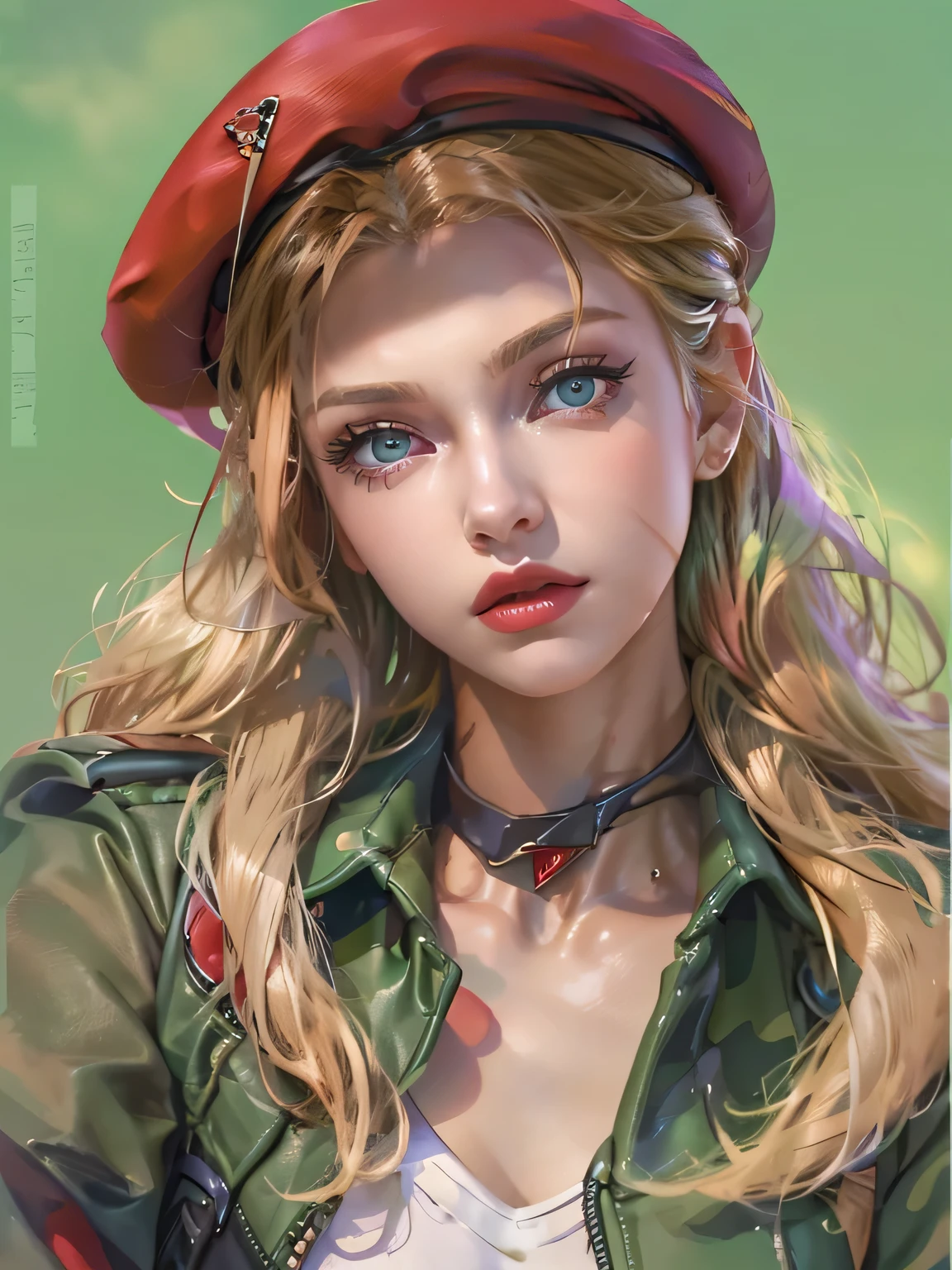 "(exquisitely detailed CG unity 8k wallpaper, masterpiece-quality with stunning realism), (best illumination, best shadow), (best quality), (elegant style:1.2), Arti modern anime. angled view, heroic pose, closeup full body portrait of stunningly beautiful cammy from street fighter, Masterpiece, best quality, highres, mature Cammy white, twin braids, long hair, blonde hair, antenna hair, (red beret headwear:1), blue eyes, scar on cheek, green military leotard, green military skirt, red gloves, fingerless gloves, camouflage, (fully clothed:1), abs, depth of field blur effect, night, full zoom, action portrait, photorealistic. cinematic lighting, highly detailed. best quality, 4k, (Better hand:1), (blonde hair:1) (red nail-polish:1), (red lips:1) (makeup:1) perfect anatomy, leaning forward, foreshortening effects, coy flirty sexy expression, foreshortening effect, (piercing eyes:1), surrounded by an ominous and dark atmosphere, accentuated by dramatic and striking lighting, imbued with a sense of surreal fantasy". (wearing military boots:1), (resting in london city MI6 in the morning:1.3) (wearing a British Military jacket:1) (mature:0.5)