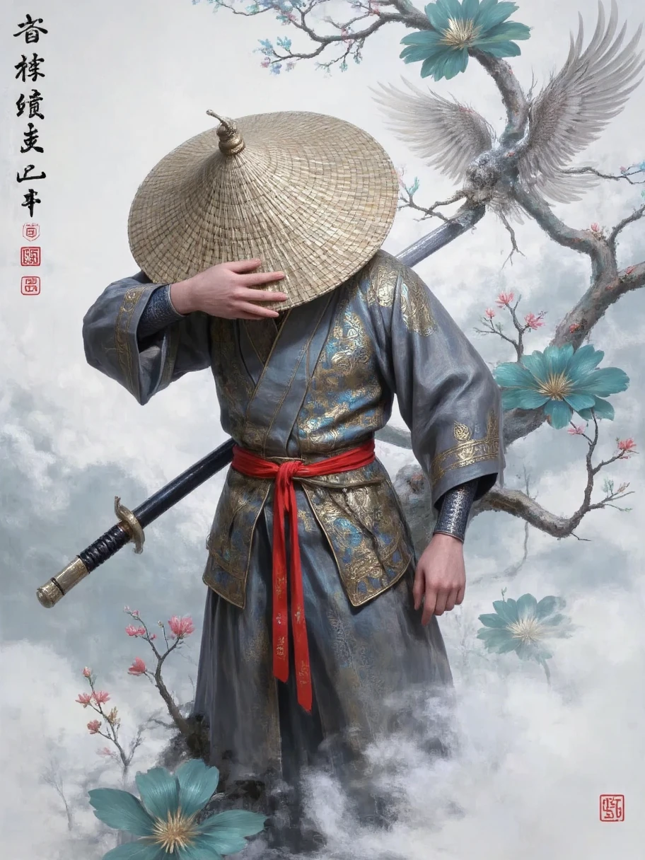  a swordsman ，Martial Arts Style， red belt ，Wearing a bamboo hat，Bow your head， to cover eyes ， white background ，meticulous，Boutique，masterpiece，Ink Painting，Ink smoke，Mo Cloud ，Ink splash，ribbon ，ink， dark black and white lotus，Light and Shadow Art，Brushstrokes