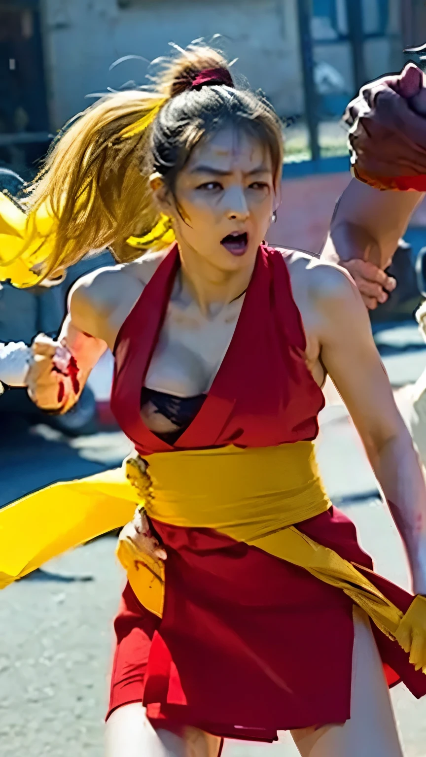 Maki Genryusai, pinch, surrounded by enemies, multiple boys, Bleeding, is being driven, looks painful, expression of agony, injury, Bleeding, cuts, bruises, high image quality, masterpiece, nose bleed, blood from mouth, torn clothes, pelvic curtain, leotard under the pelvic curtain, red costume, yellow sash belt, beautiful feet, colored
