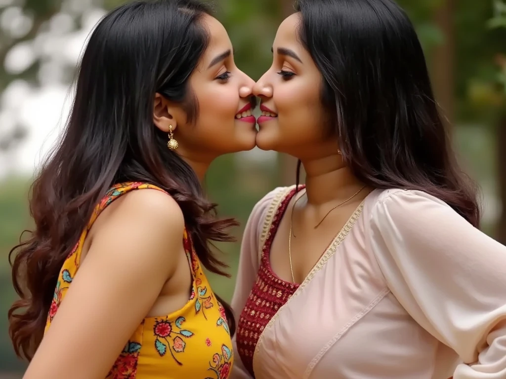 Mother and daughter girl kissing Indian