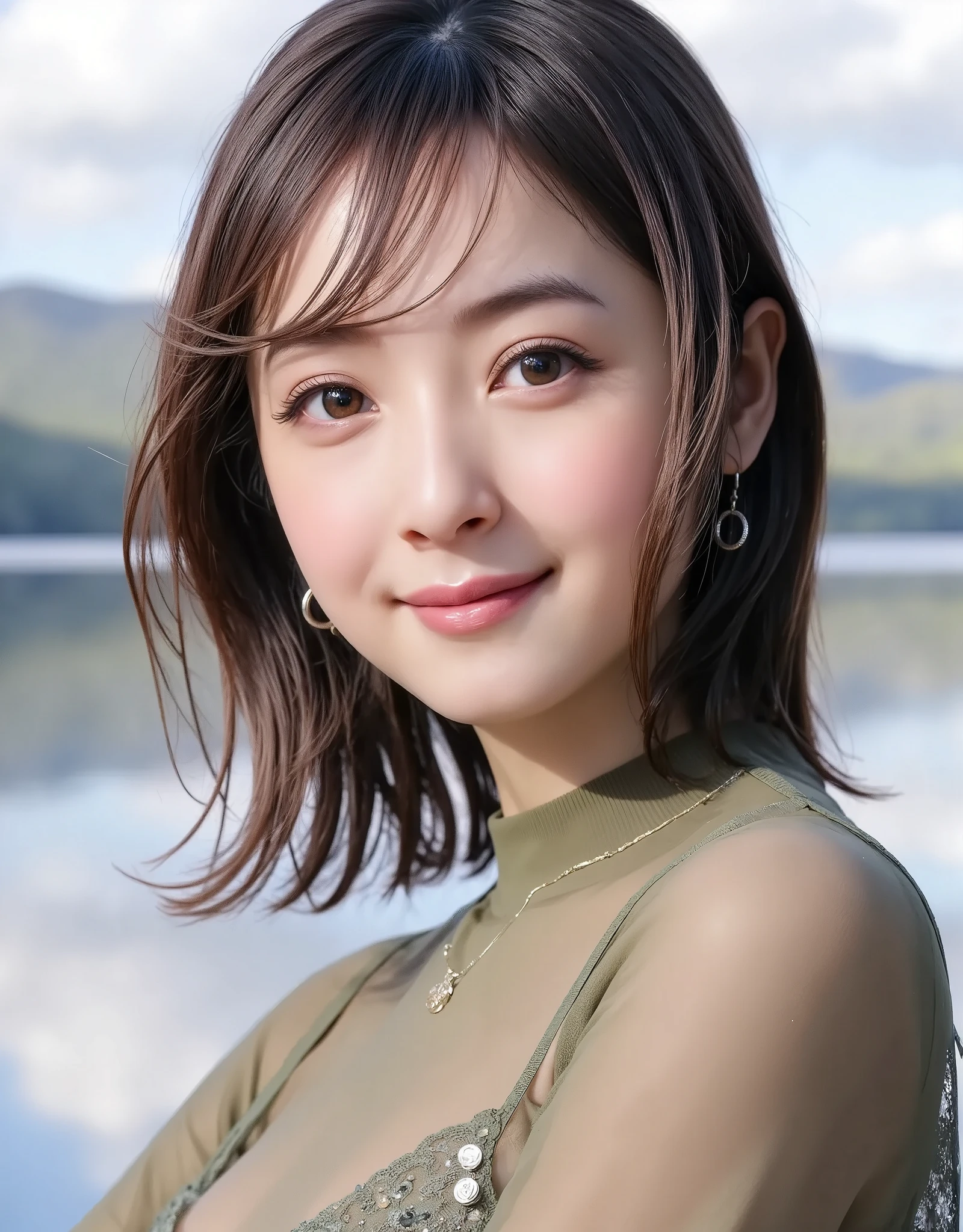 NSFW, (Highest quality), (Ultra-precise CG 16K wallpaper), (Realistic: 1.6), (High saturation), (Sharp), Beautiful detailed shading, Beautiful natural lighting, Beautiful detailed glow, Bright sunlight in the daytime, Natural light, Depth of field, (Mature 24 year old woman, One person: 1.6), (Very beautiful Japanese face), (Sasaki Nozomi), (Soft wavy short hair, bangs: 1.6), (Shiny black hair), (Sparkling eyes), (C cup size breasts, cleavage, slim thighs: 1.6), (Beautiful breasts), (Beautiful legs), (Beautiful skin), Beautiful proportions, (Smile: 1.0), (Looking at me: 1.6), (Wearing a khaki see-through mini dress: 1.6), (Wearing a necklace and white high heels), (Walking pose: 1.6), (Lake surrounded by mountains, sky and clouds), (Full screen image:1.6), (full body shot:1.6), (image of a woman seen from the diagonal front:1.6), (woman standing by the lake:1.6),