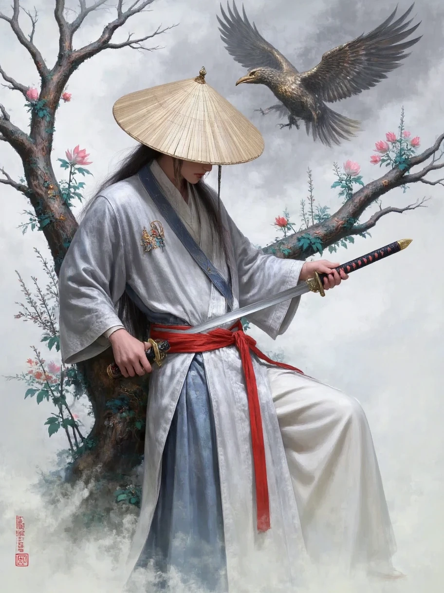  a swordsman ，Martial Arts Style， red belt ，Wearing a bamboo hat，Bow your head， to cover eyes ， white background ，meticulous，Boutique，masterpiece，Ink Painting，Ink smoke，Mo Cloud ，Ink splash，ribbon ，ink， dark black and white lotus，Light and Shadow Art，Brushstrokes