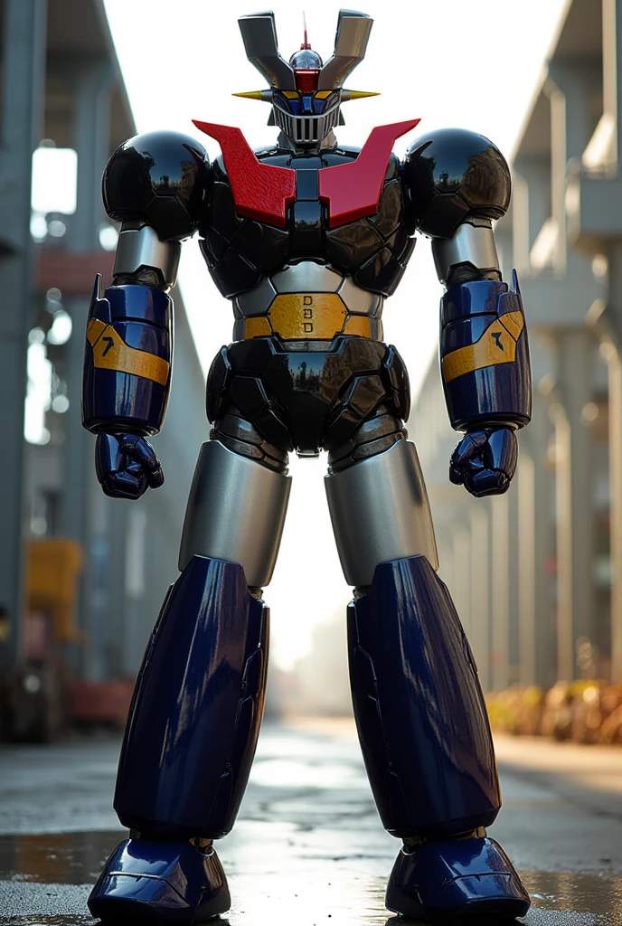   a very realistic version of the Mazinger Z ,  standing 38 meters high in a forward position.  constructed with modern materials such as steel ,  Carbon Fiber ,  other industrial elements are also visible ,  just like the real thing , Beautiful appearance, bolt,  realistic texture , .  Iconic features such as chest plates and heads are carefully reproduced as high quality, latest science, technology, and industrial products. Modern maintenance plant facilities, industrial environment, repair factory, set in a huge dock, are repaired with the latest scientific equipment ,  the appearance of Mazinger Z standing around ,  illuminated by natural light 、 huge structures highlighted with realistic shadows .  Flashy and cool battle pose 