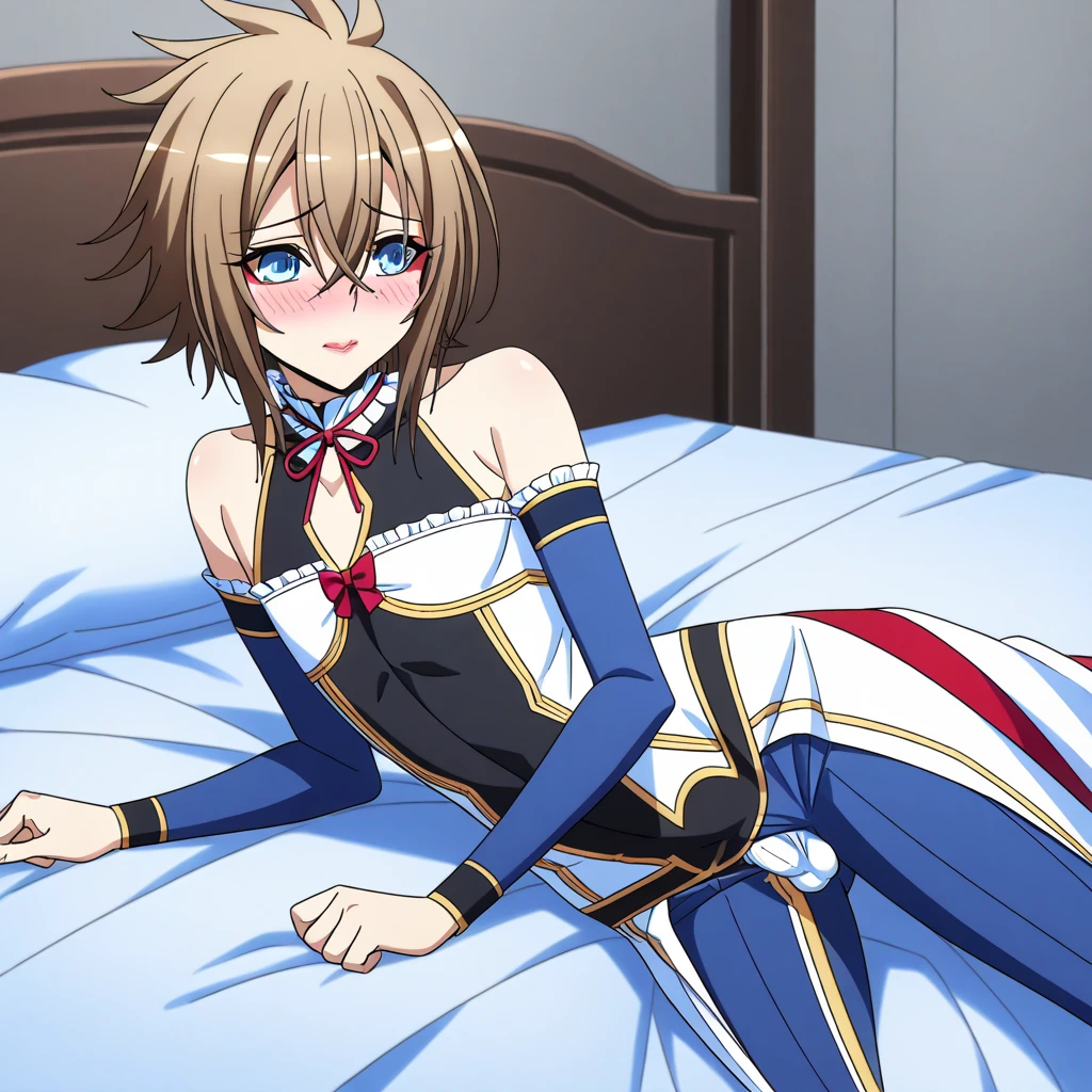 1boy, solo, alone, bed, red lips, brown hair, short hair, spike hair, blue eyes, red eyeshadow, pink blush, pink lips, shy, flat chest, Laying on side poses, on bed, cosplay Monster Musume no Oishasan | Tisalia Scythia (PDXL), Monster Musume no Oishasan | Tisalia Scythia (PDXL) outfit, bulge small penis under outfit, 