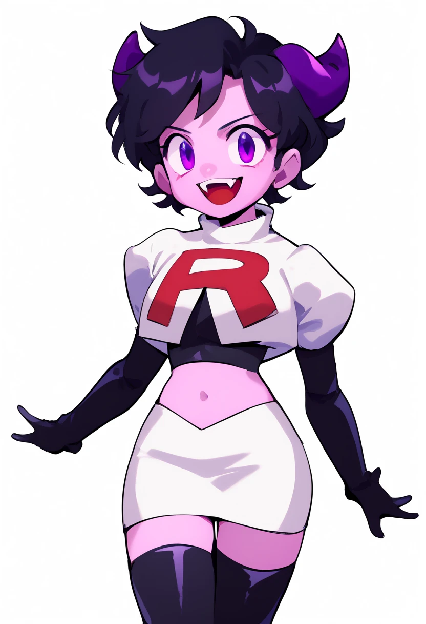 jellybean_yt, solo, looking at viewer, smile, short hair, open mouth, black hair, 1girl, white background, purple eyes, female focus, horns, teeth, colored skin, fangs, team rocket,team rocket uniform,white skirt,red letter R,crop top,black thigh-highs,black elbow gloves, source