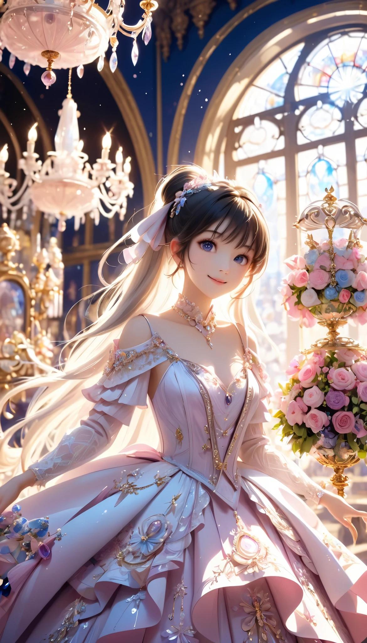 Dramatic composition, Court dress, Royal, nice, Cascading Ruffles, Raffle, bow, Crystal Chandelier , Swirl Hairstyles, Place, drill-like double ponytail , camera , bangs, Maximalism , Palace-like background, Delicate depiction of hair and eyes, Princess Dress , nice skirts, Flowers in hands, smile, Starry Eyes, Cinematic Light, Extremely detailed, High Definition , happy girl , long hair, diamond with s, broken diamond with s, Crystal Fragment, Particles of light