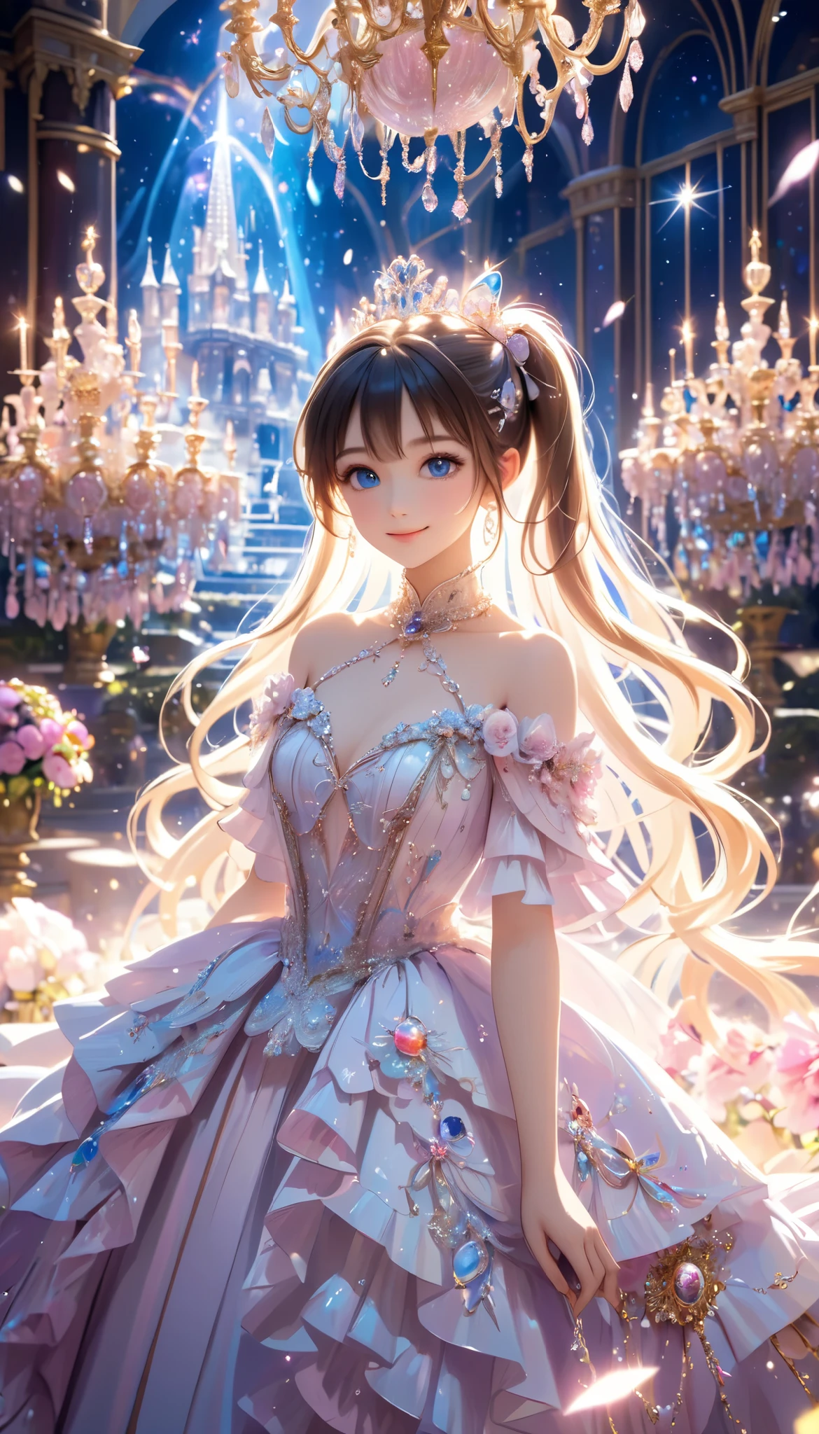 Dramatic composition, Court dress, Royal, nice, Cascading Ruffles, Raffle, bow, Crystal Chandelier , Swirl Hairstyles, Place, drill-like double ponytail , camera , bangs, Maximalism , Palace-like background, Delicate depiction of hair and eyes, Princess Dress , nice skirts, Flowers in hands, smile, Starry Eyes, Cinematic Light, Extremely detailed, High Definition , happy girl , long hair, diamond with s, broken diamond with s, Crystal Fragment, Particles of light