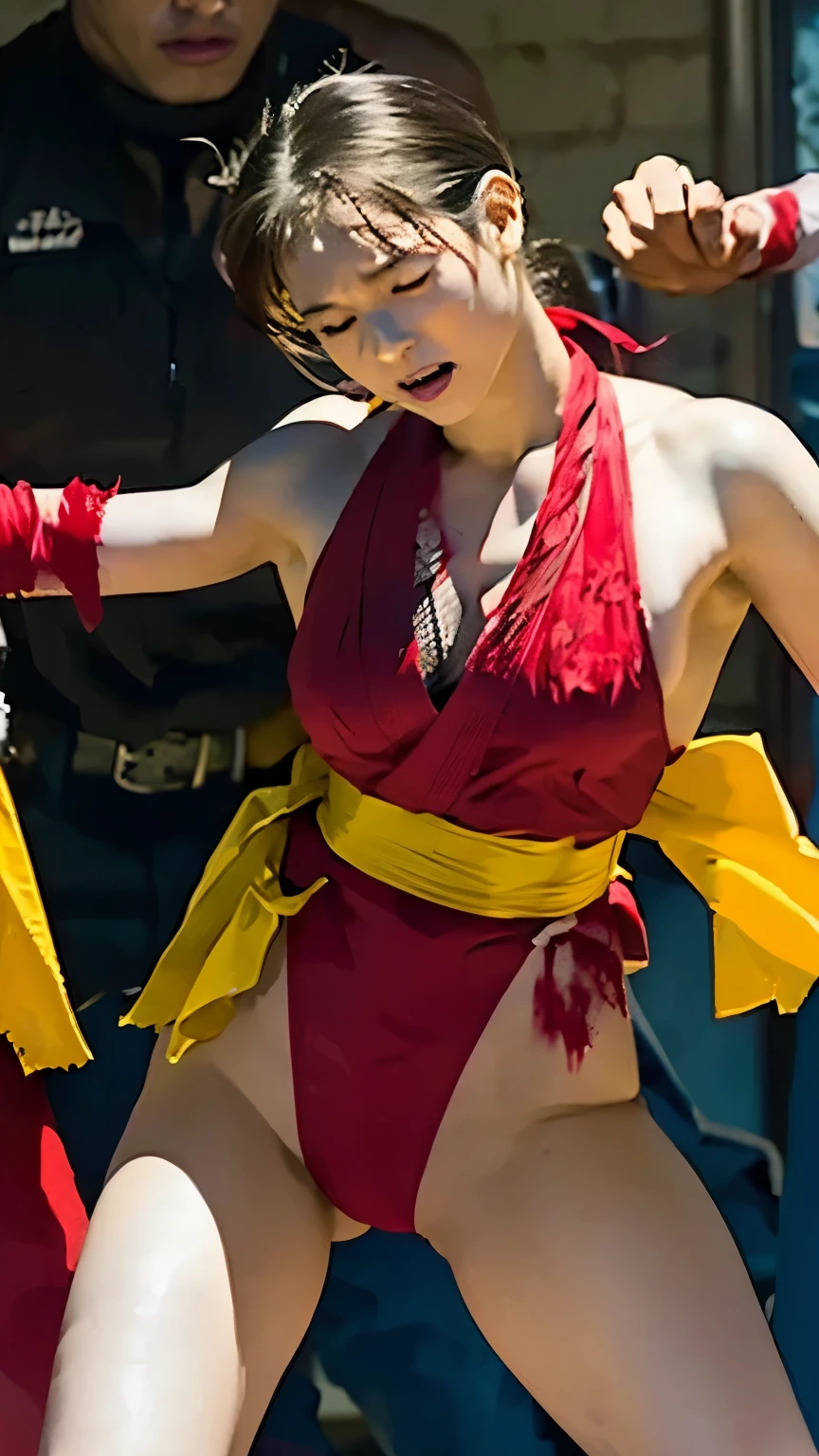 Maki Genryusai, pinch, surrounded by enemies, multiple boys, Bleeding, is being driven, looks painful, expression of agony, injury, Bleeding, cuts, bruises, high image quality, masterpiece, nose bleed, blood from mouth, torn clothes, pelvic curtain, leotard under the pelvic curtain, red costume, yellow sash belt, beautiful feet, colored