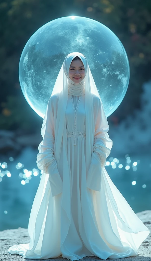 8K, Top Quality, Intricate Details, Ultra Detail, Ultra High Resolution, Masterpiece, ((from behind)), close up shot, Slender, Smile, (Makeup: 0.4), (Fluffy Blue Eyes: 1.21), blue Eyes, looking at background, ((full body)), 1girl, solo, 1 girl, (( full body)), close up shot, standing , ((tall)), (((fit body))), (((slim face))), sharp face, sharp eyes, (((sky blue hair, long hair, bangs)) (detailed face), sharp face, small lips, ((abaya)), detailed face, detailed breast, , large breast, detail ass, big ass, round ass , Beautiful girl with accentuated slender abs: 1.4, Six Pack Abs: 1.4, Bust Botox, Big, Perfect Body, detail leg, (( moonlight)), in the snow
