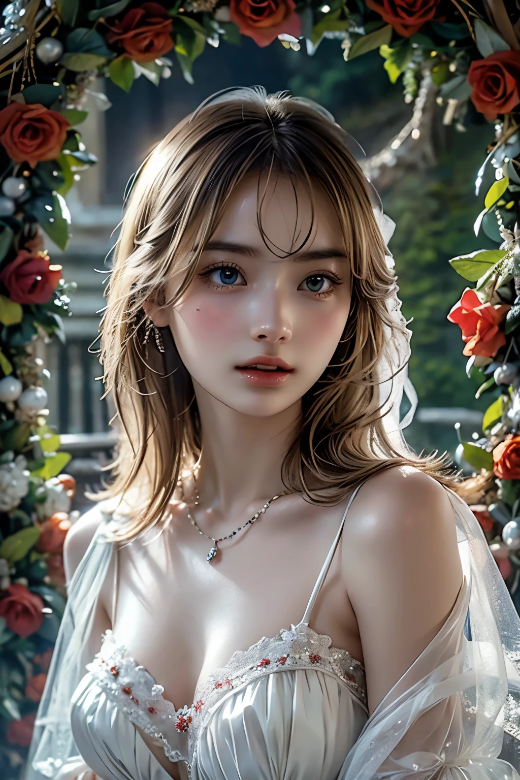 masterpiece,  top quality , 8k,  photorealistic with ivy entwined,  High Definition , 1 Girl, Alone, (  DETAIL FACE ), Blonde,  Transcendental Beautiful Girl,  jewelry、princess,shiny skin,red and white christmas dresses、Beautiful breasts