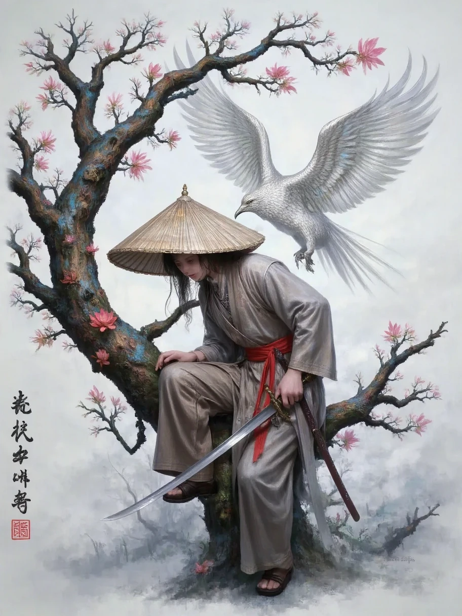  a swordsman ，Martial Arts Style， red belt ，Wearing a bamboo hat，Bow your head， to cover eyes ， white background ，meticulous，Boutique，masterpiece，Ink Painting，Ink smoke，Mo Cloud ，Ink splash，ribbon ，ink， dark black and white lotus，Light and Shadow Art，Brushstrokes