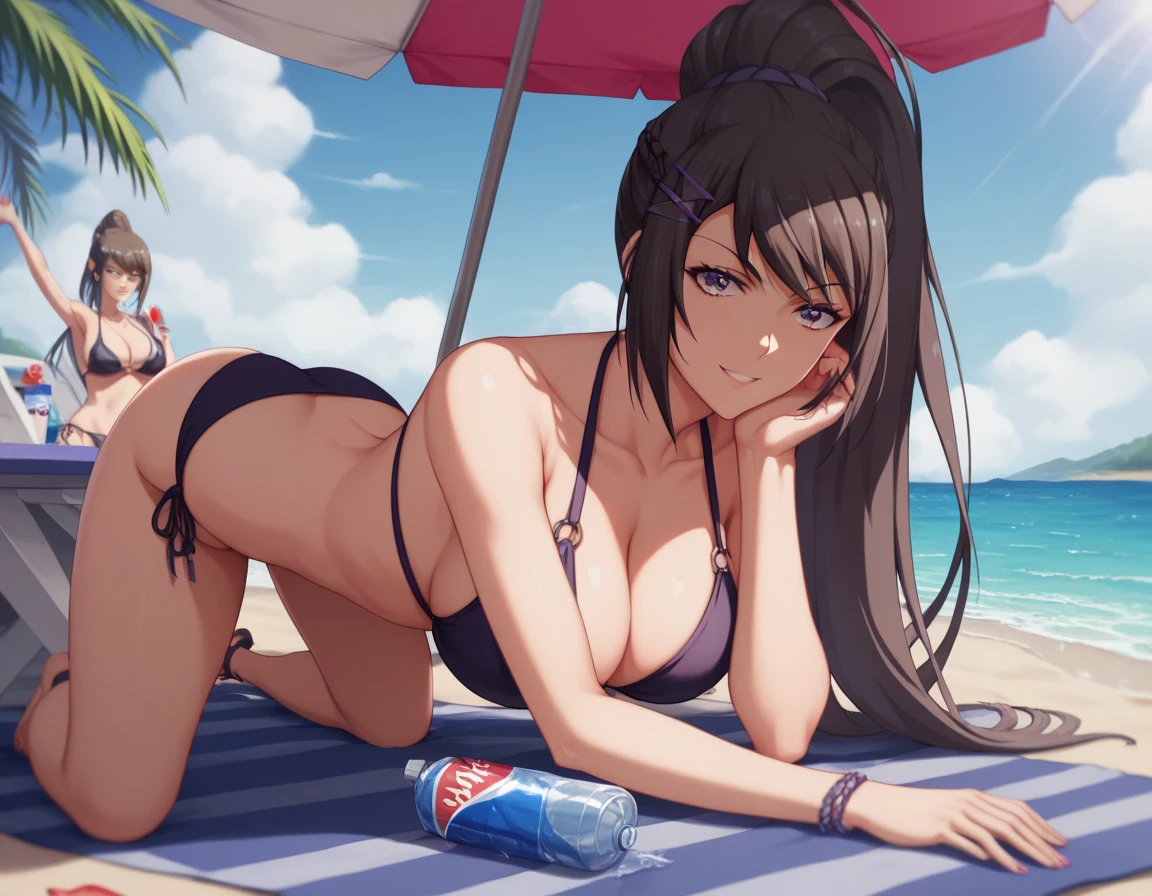 masterpiece, best quality, 1girl, s1girl,  Chabashira Sae, Sae Chabashira,beautiful detailed eyes,, bikini, arm behind head, closed smile, raised eyebrow, masterpiece, best quality, very aesthetic, intricate details, anime, soft light, color detail, on beach, long exposure, intricate colors, vibrant colors, all fours, from side, armpits, cleavage, large breasts, water soda bottle betwen breasts